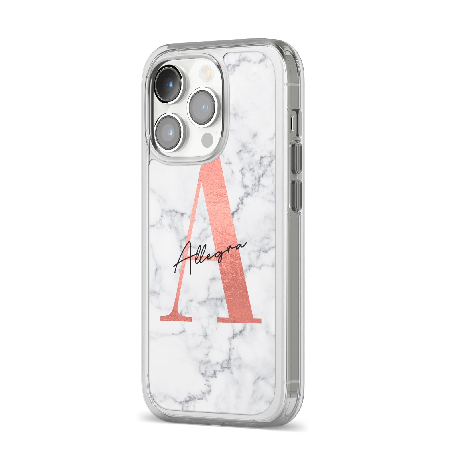 Personalised Signature Rose Gold Marble iPhone 14 Pro Clear Tough Case Silver Angled Image