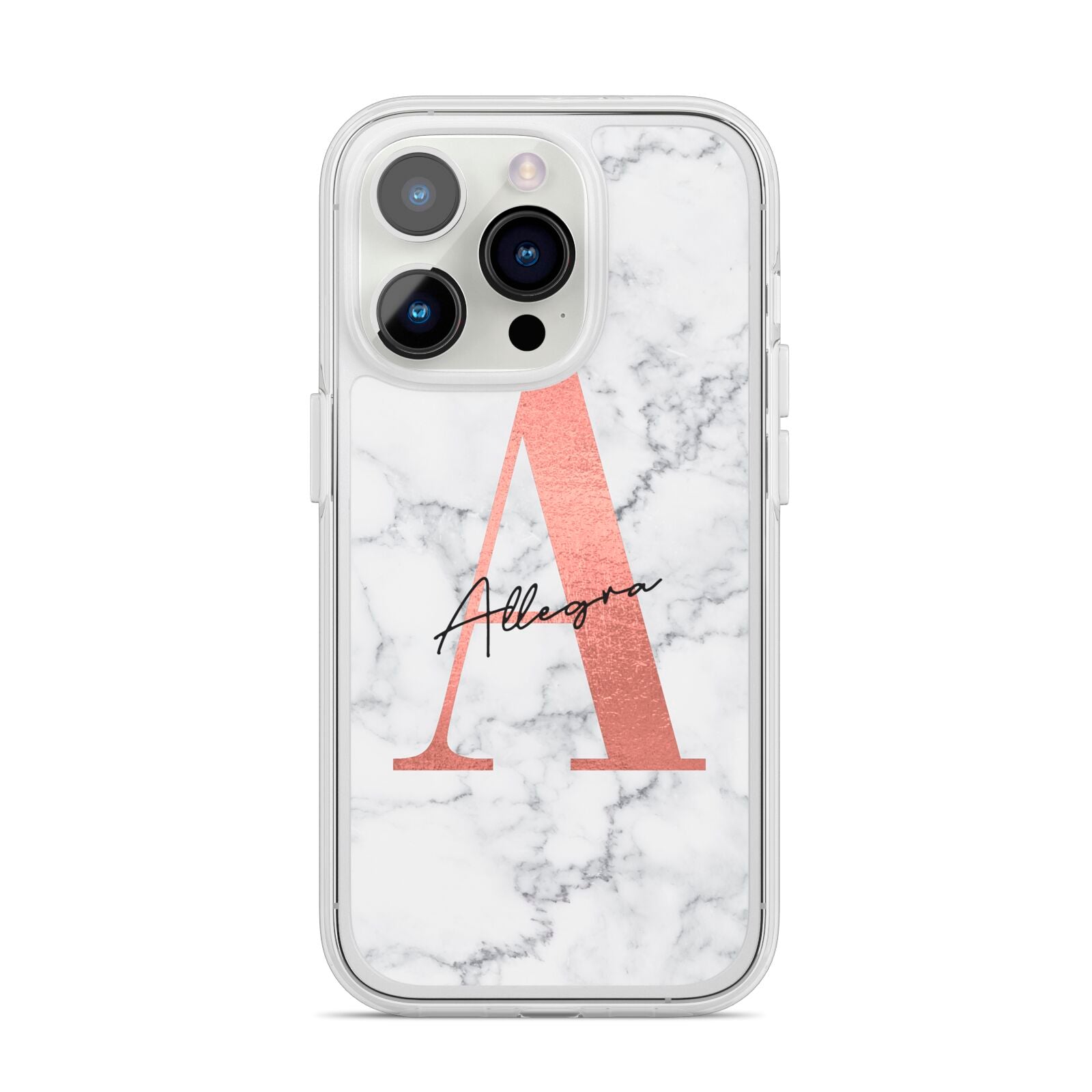 Personalised Signature Rose Gold Marble iPhone 14 Pro Clear Tough Case Silver