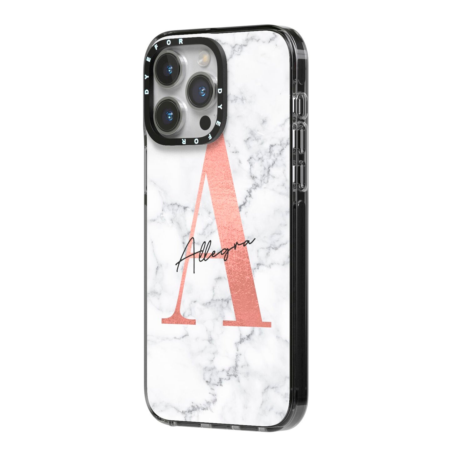 Personalised Signature Rose Gold Marble iPhone 14 Pro Max Black Impact Case Side Angle on Silver phone
