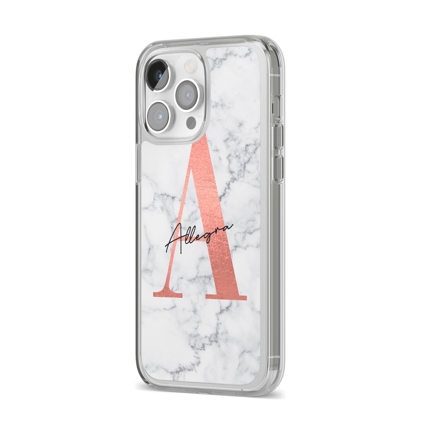 Personalised Signature Rose Gold Marble iPhone 14 Pro Max Clear Tough Case Silver Angled Image
