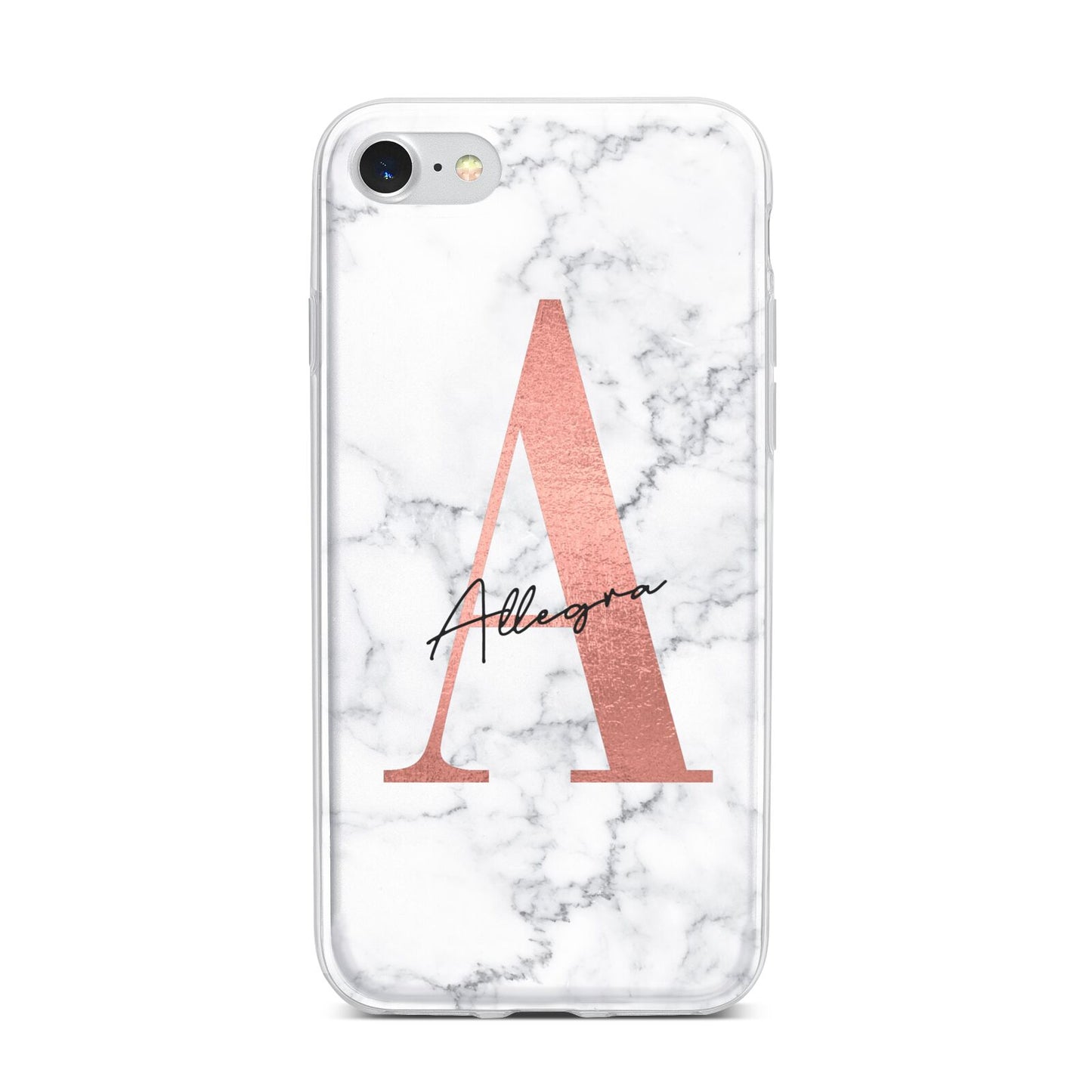 Personalised Signature Rose Gold Marble iPhone 7 Bumper Case on Silver iPhone