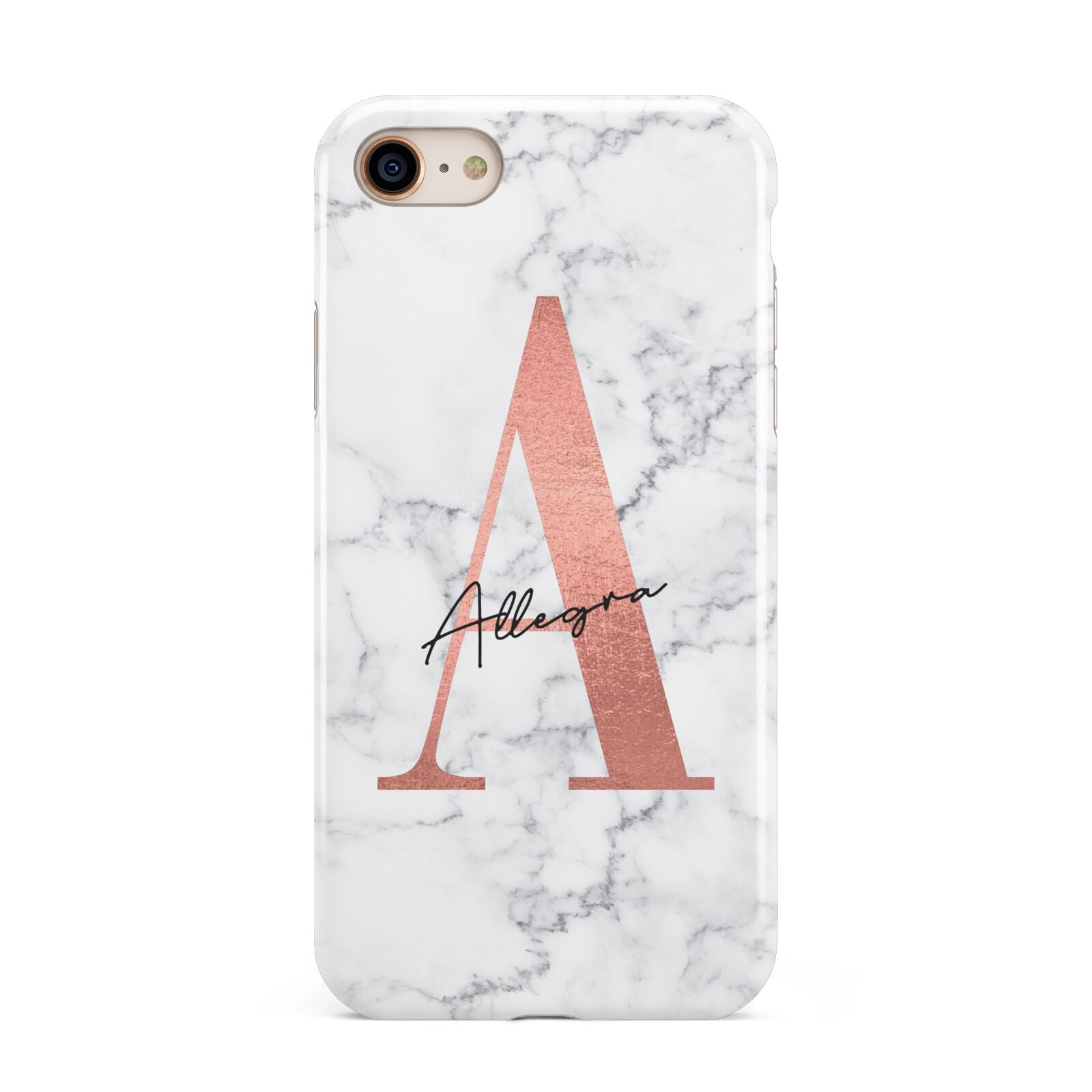 Personalised Signature Rose Gold Marble iPhone 8 3D Tough Case on Gold Phone