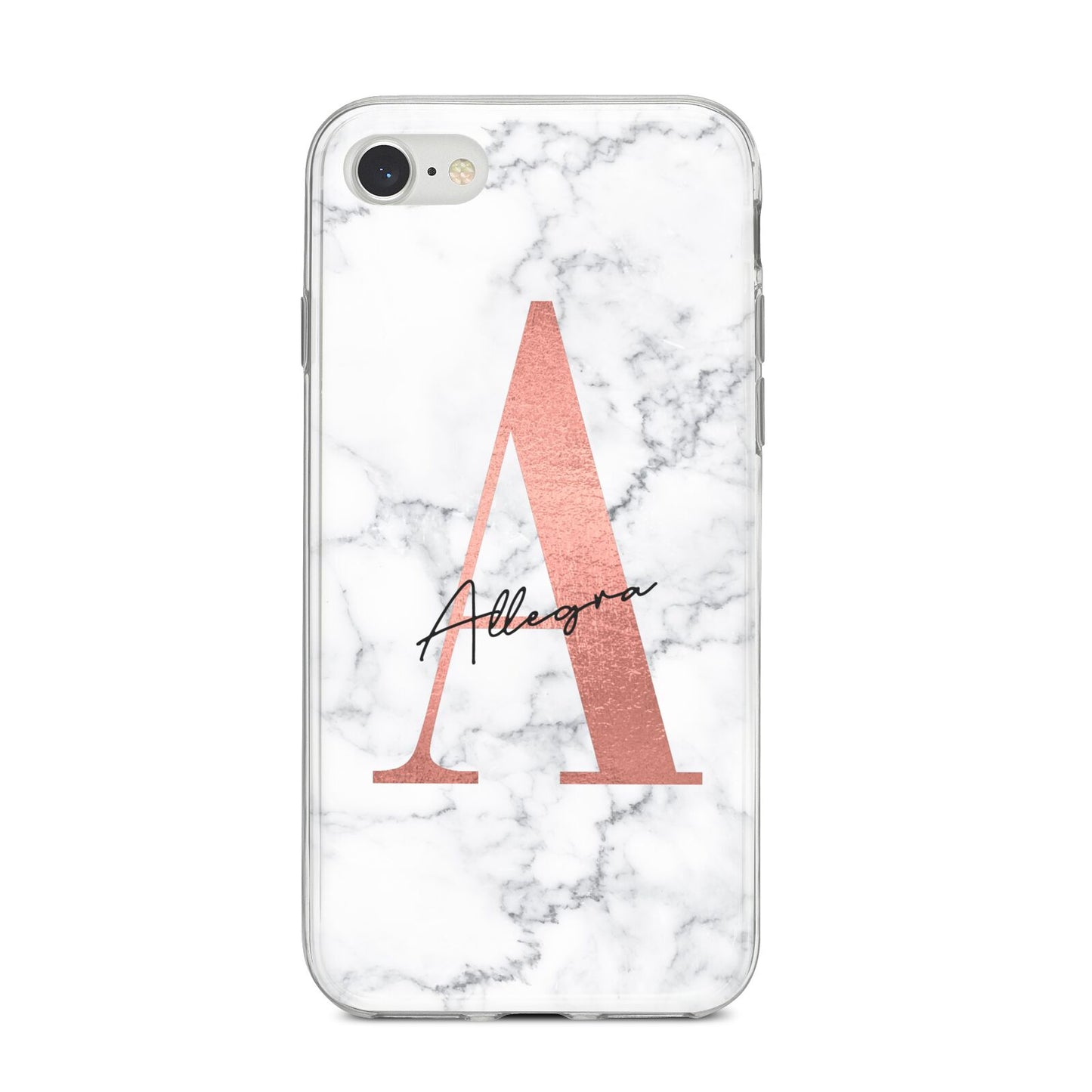 Personalised Signature Rose Gold Marble iPhone 8 Bumper Case on Silver iPhone