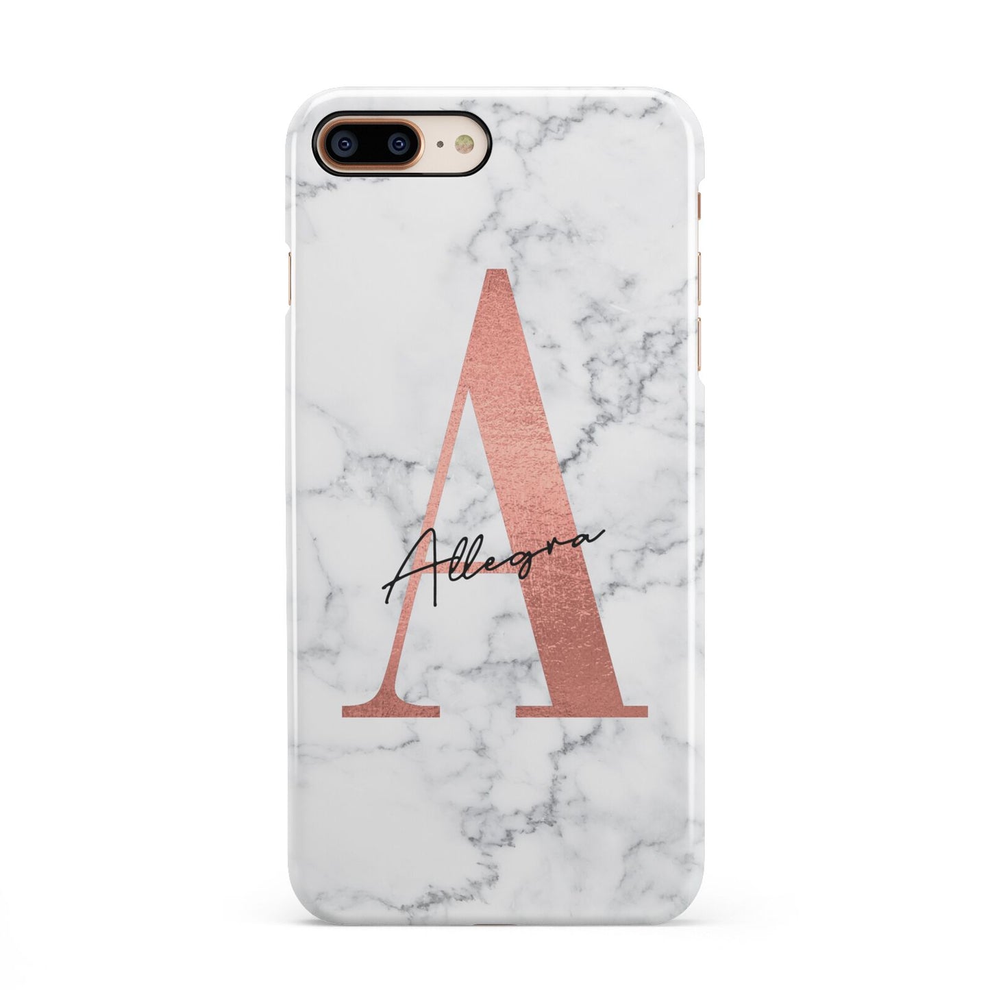 Personalised Signature Rose Gold Marble iPhone 8 Plus 3D Snap Case on Gold Phone
