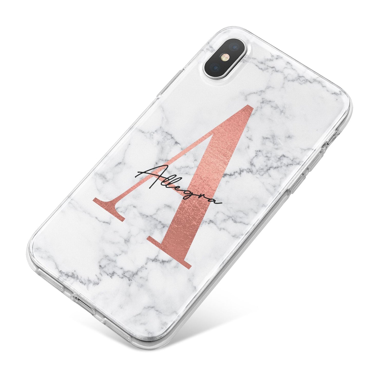 Personalised Signature Rose Gold Marble iPhone X Bumper Case on Silver iPhone