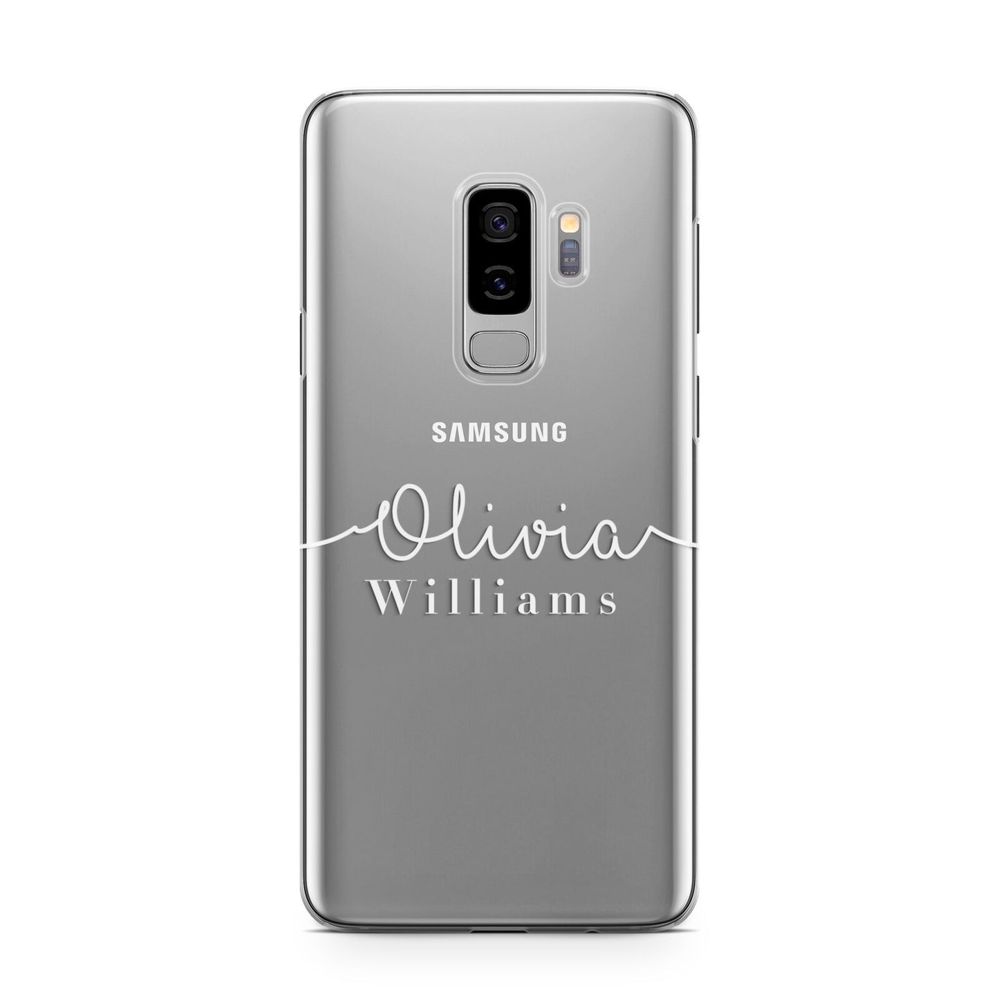 Personalised Signature Typography White Samsung Galaxy S9 Plus Case on Silver phone