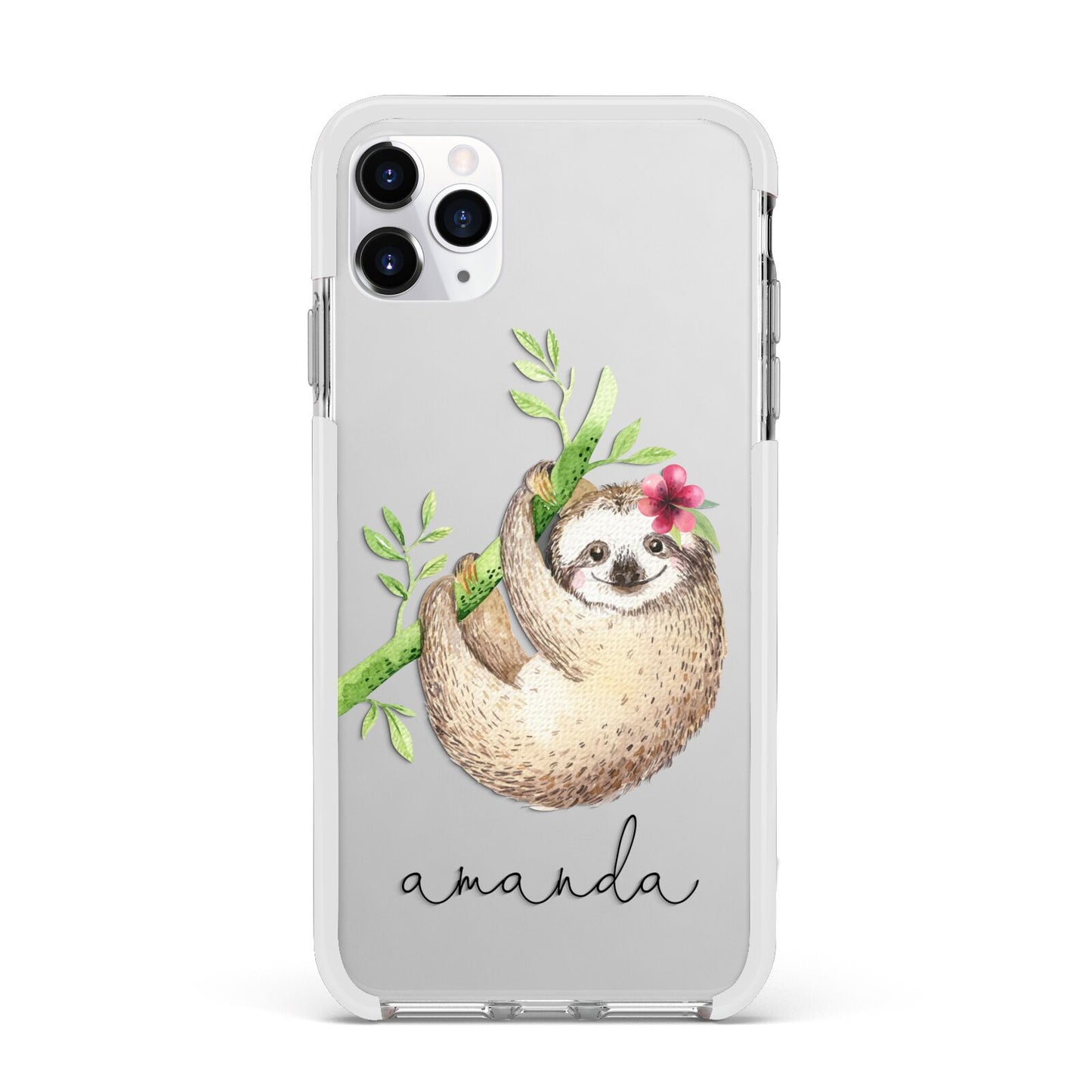 Personalised Sloth Apple iPhone 11 Pro Max in Silver with White Impact Case