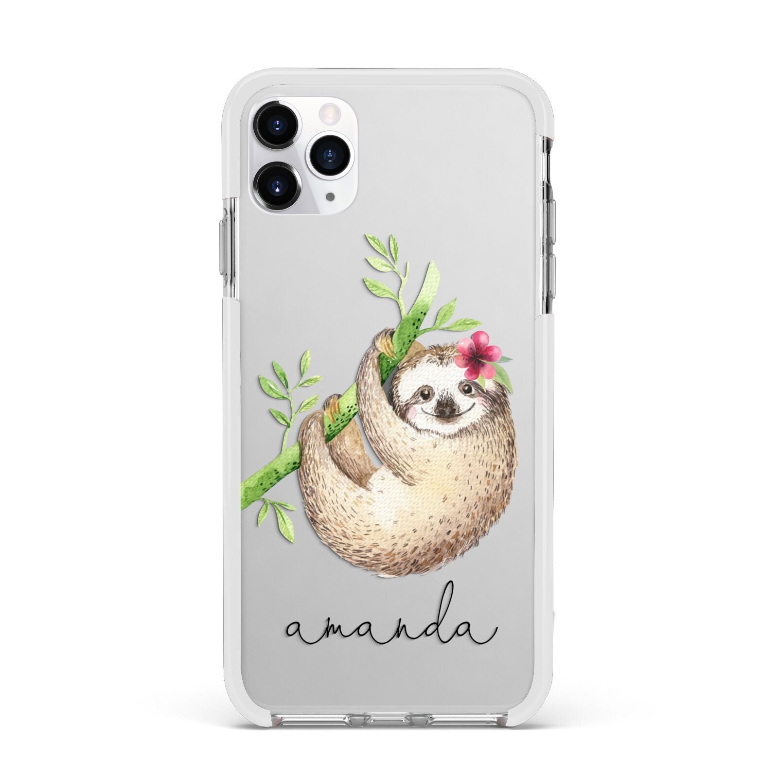 Personalised Sloth Apple iPhone 11 Pro Max in Silver with White Impact Case