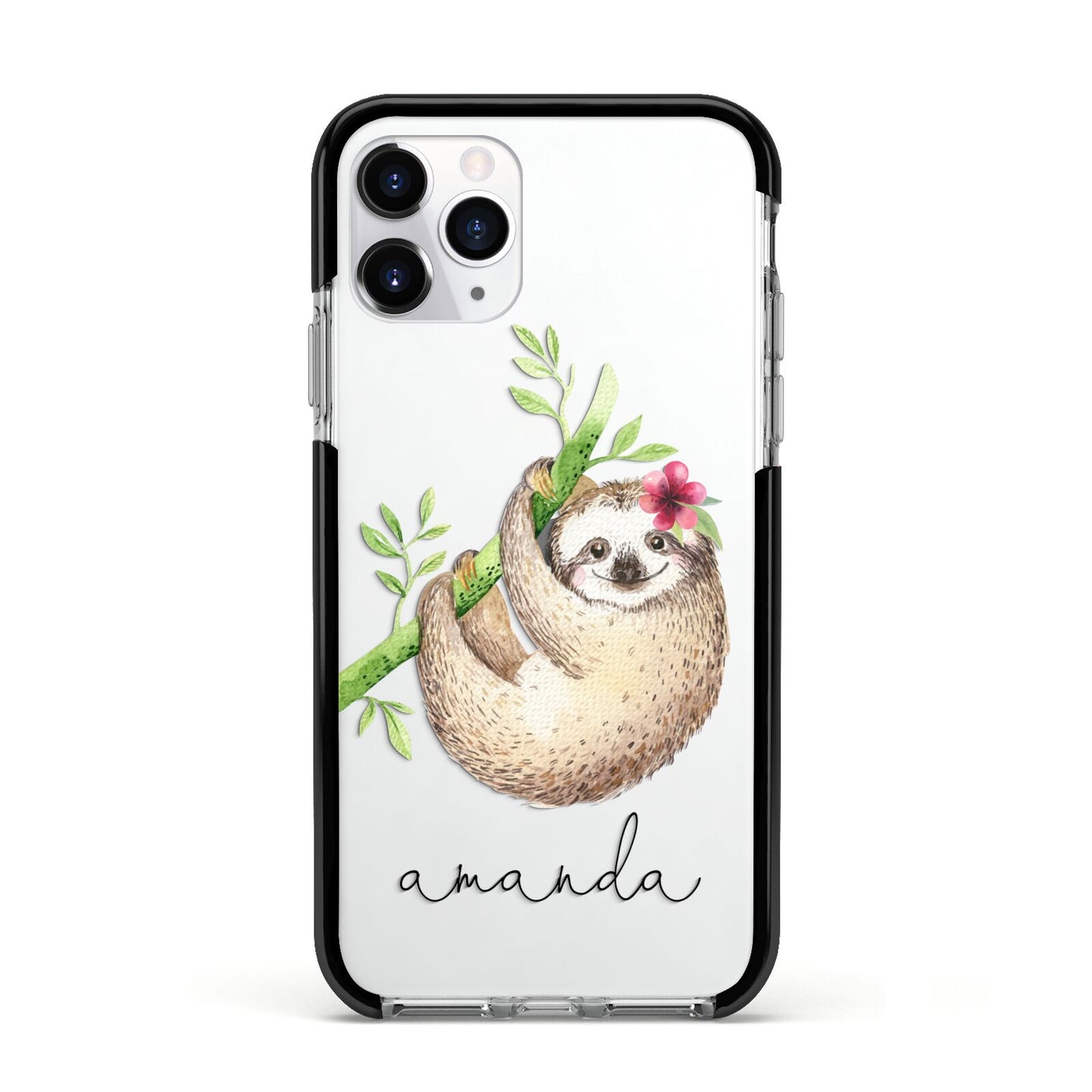 Personalised Sloth Apple iPhone 11 Pro in Silver with Black Impact Case