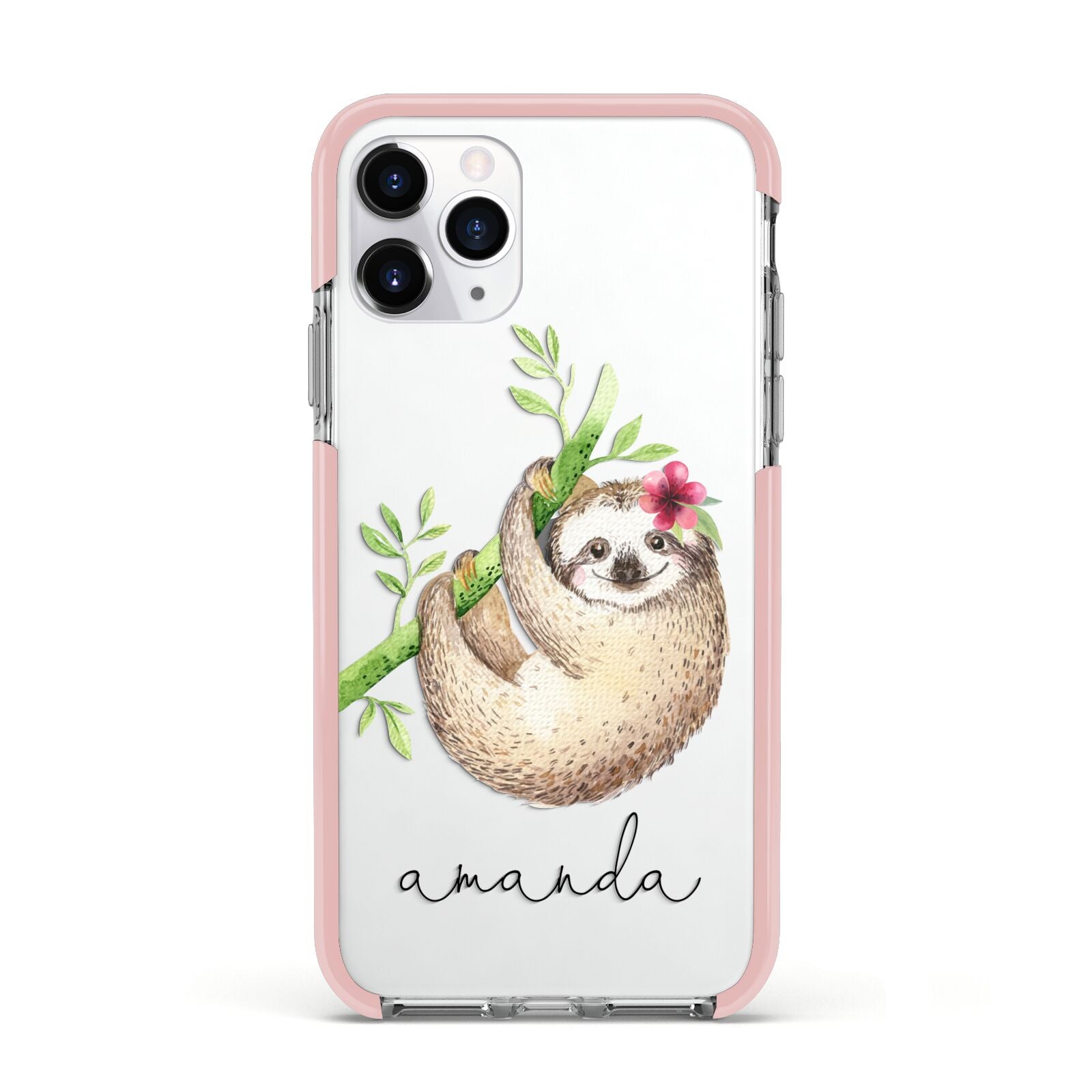 Personalised Sloth Apple iPhone 11 Pro in Silver with Pink Impact Case