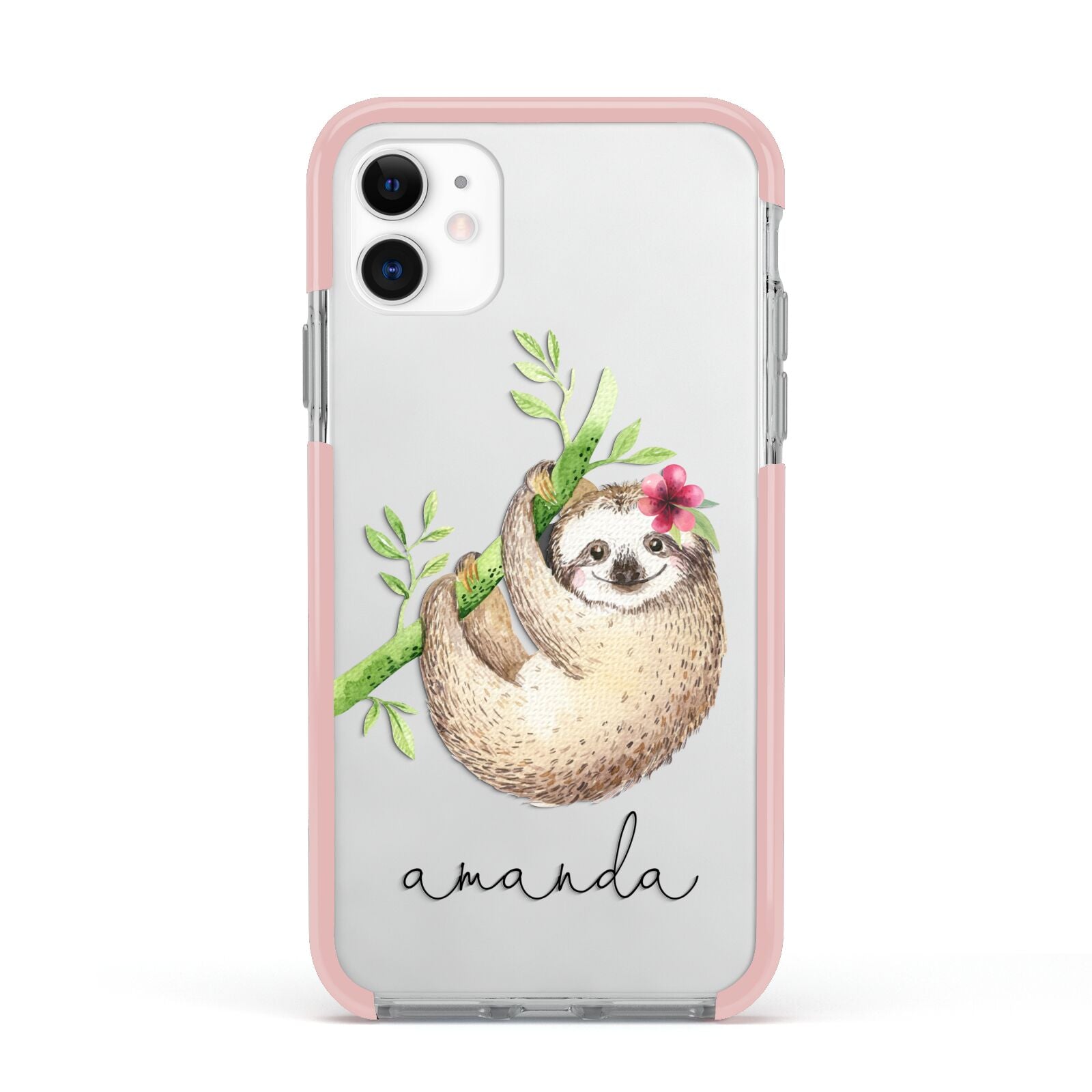 Personalised Sloth Apple iPhone 11 in White with Pink Impact Case