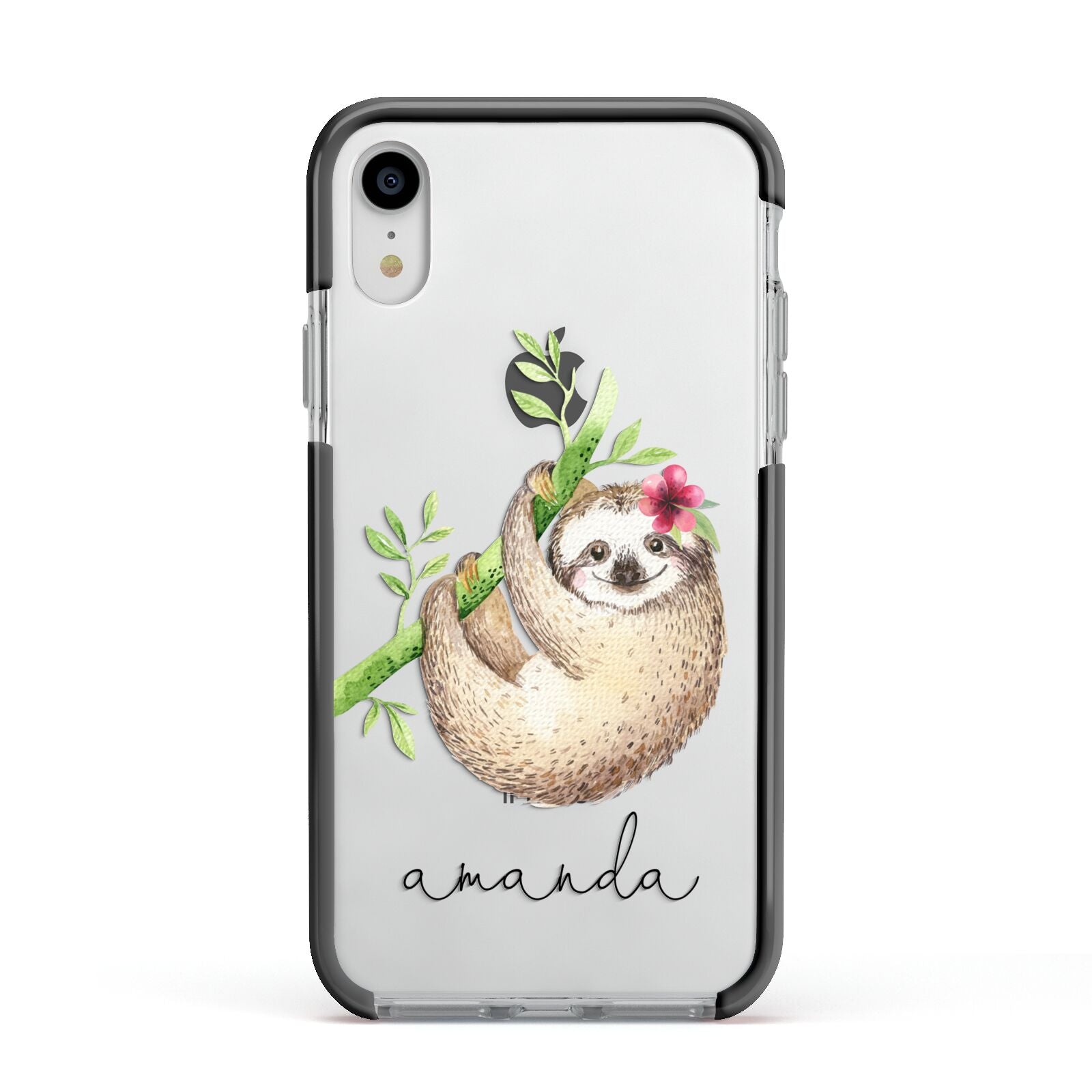 Personalised Sloth Apple iPhone XR Impact Case Black Edge on Silver Phone
