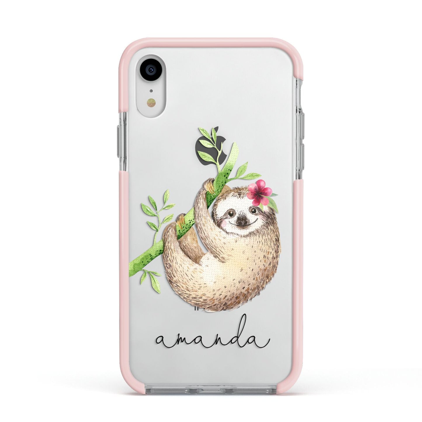 Personalised Sloth Apple iPhone XR Impact Case Pink Edge on Silver Phone