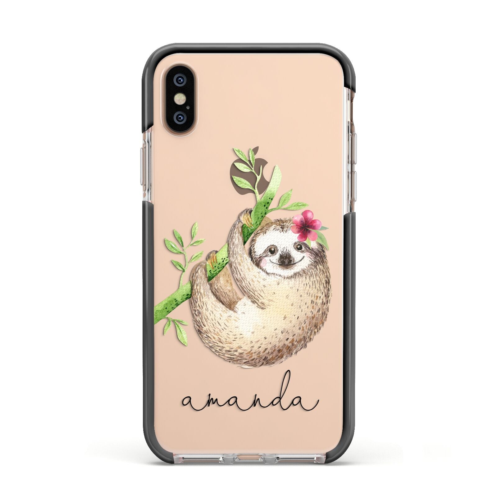 Personalised Sloth Apple iPhone Xs Impact Case Black Edge on Gold Phone