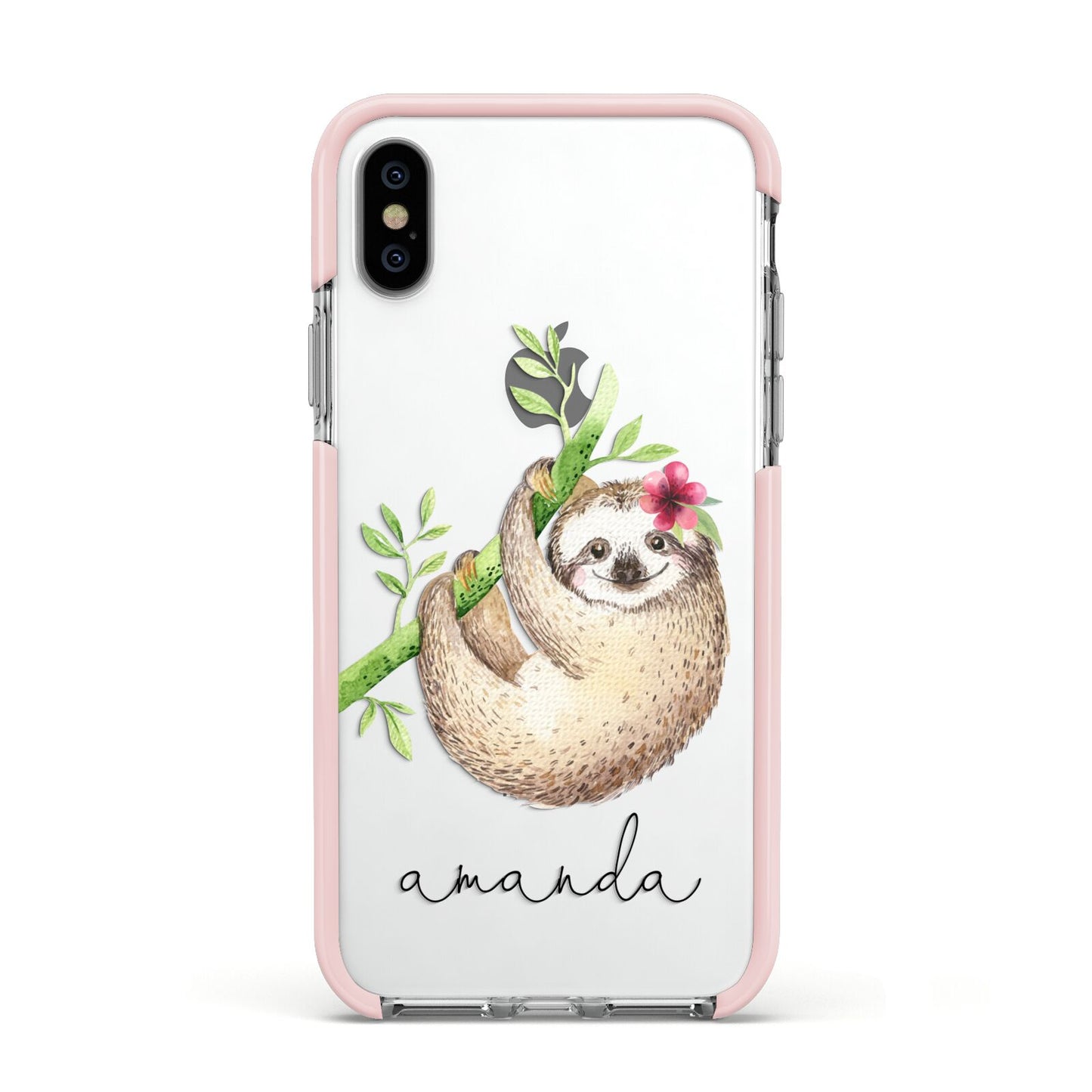 Personalised Sloth Apple iPhone Xs Impact Case Pink Edge on Silver Phone
