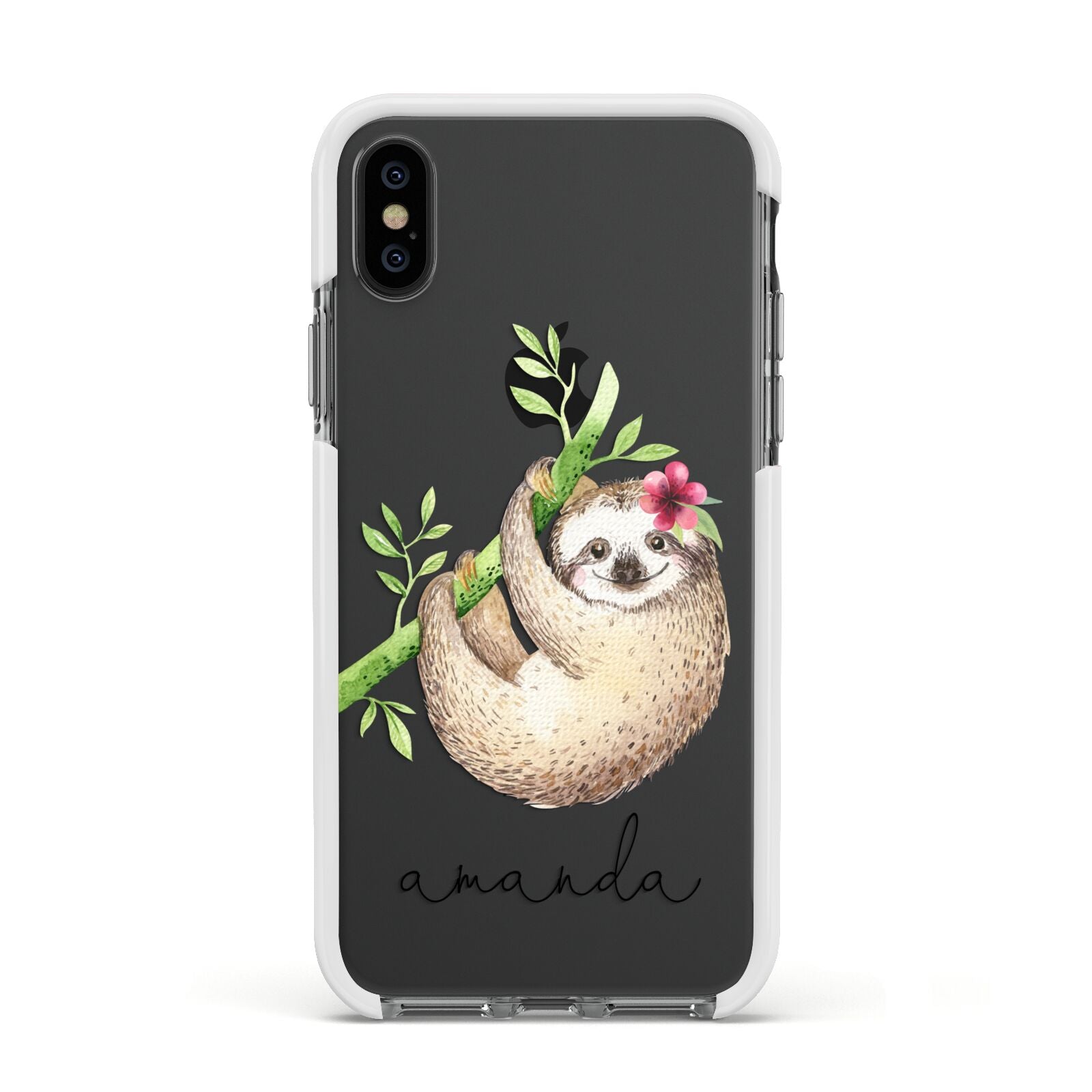 Personalised Sloth Apple iPhone Xs Impact Case White Edge on Black Phone