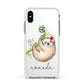 Personalised Sloth Apple iPhone Xs Impact Case White Edge on Silver Phone