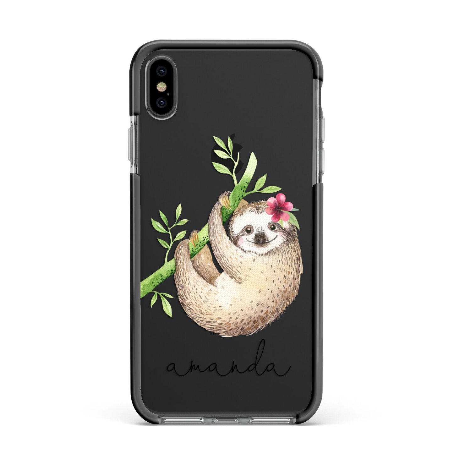 Personalised Sloth Apple iPhone Xs Max Impact Case Black Edge on Black Phone