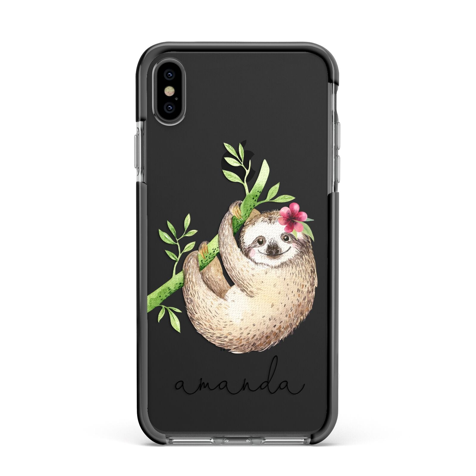 Personalised Sloth Apple iPhone Xs Max Impact Case Black Edge on Black Phone