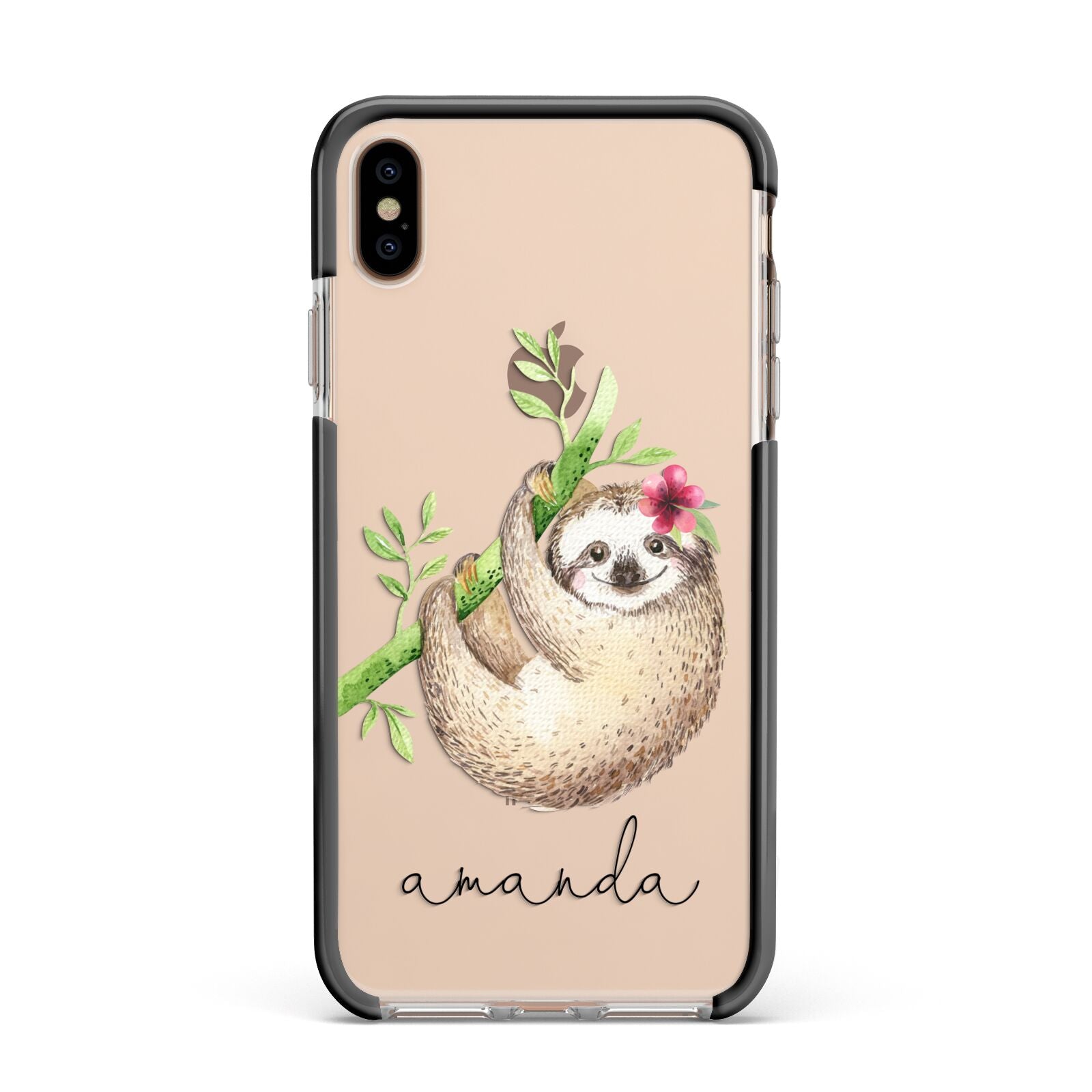 Personalised Sloth Apple iPhone Xs Max Impact Case Black Edge on Gold Phone