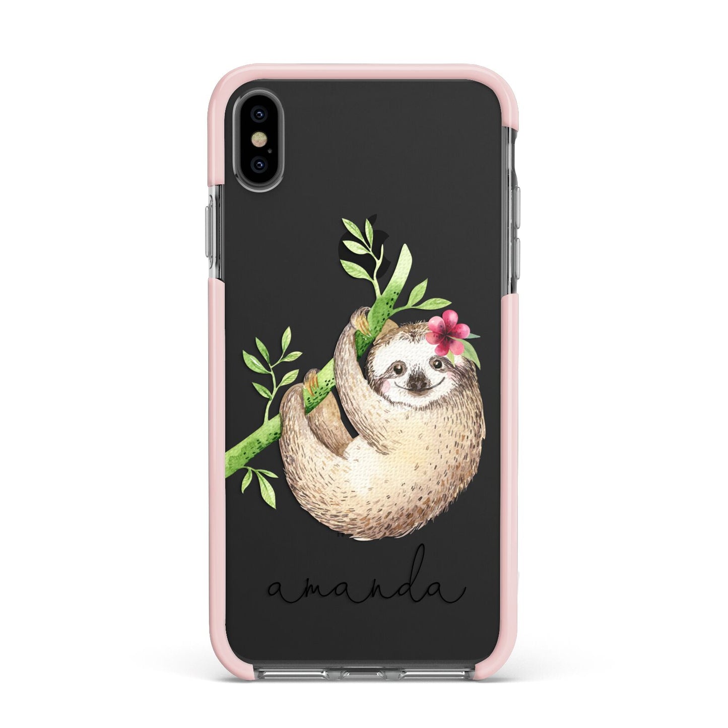 Personalised Sloth Apple iPhone Xs Max Impact Case Pink Edge on Black Phone