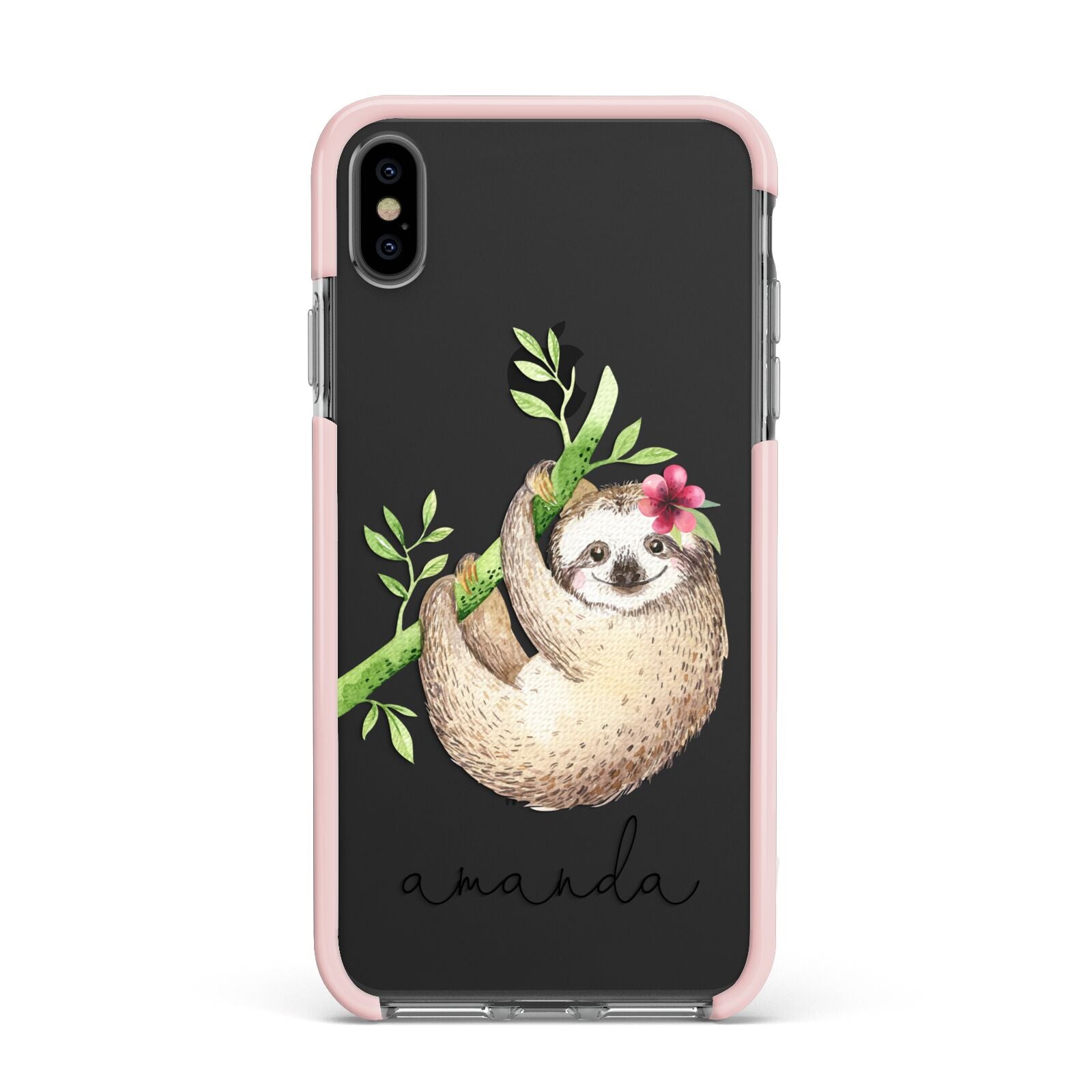 Personalised Sloth Apple iPhone Xs Max Impact Case Pink Edge on Black Phone