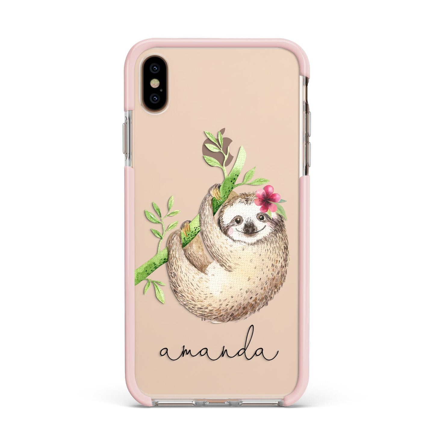 Personalised Sloth Apple iPhone Xs Max Impact Case Pink Edge on Gold Phone