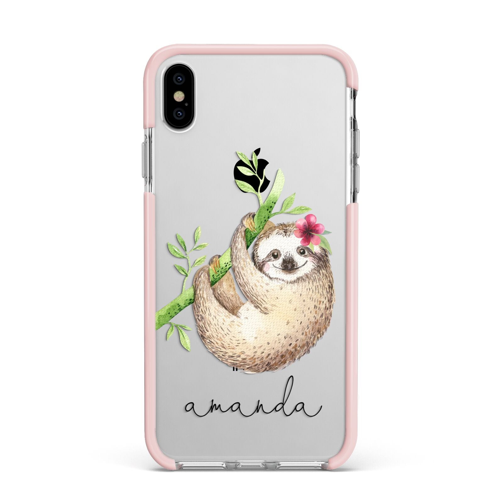 Personalised Sloth Apple iPhone Xs Max Impact Case Pink Edge on Silver Phone