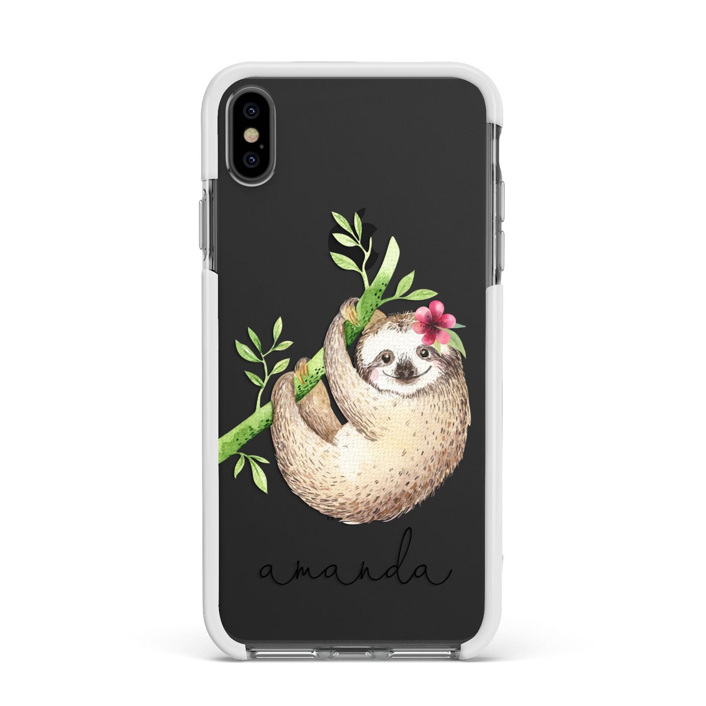 Personalised Sloth Apple iPhone Xs Max Impact Case White Edge on Black Phone