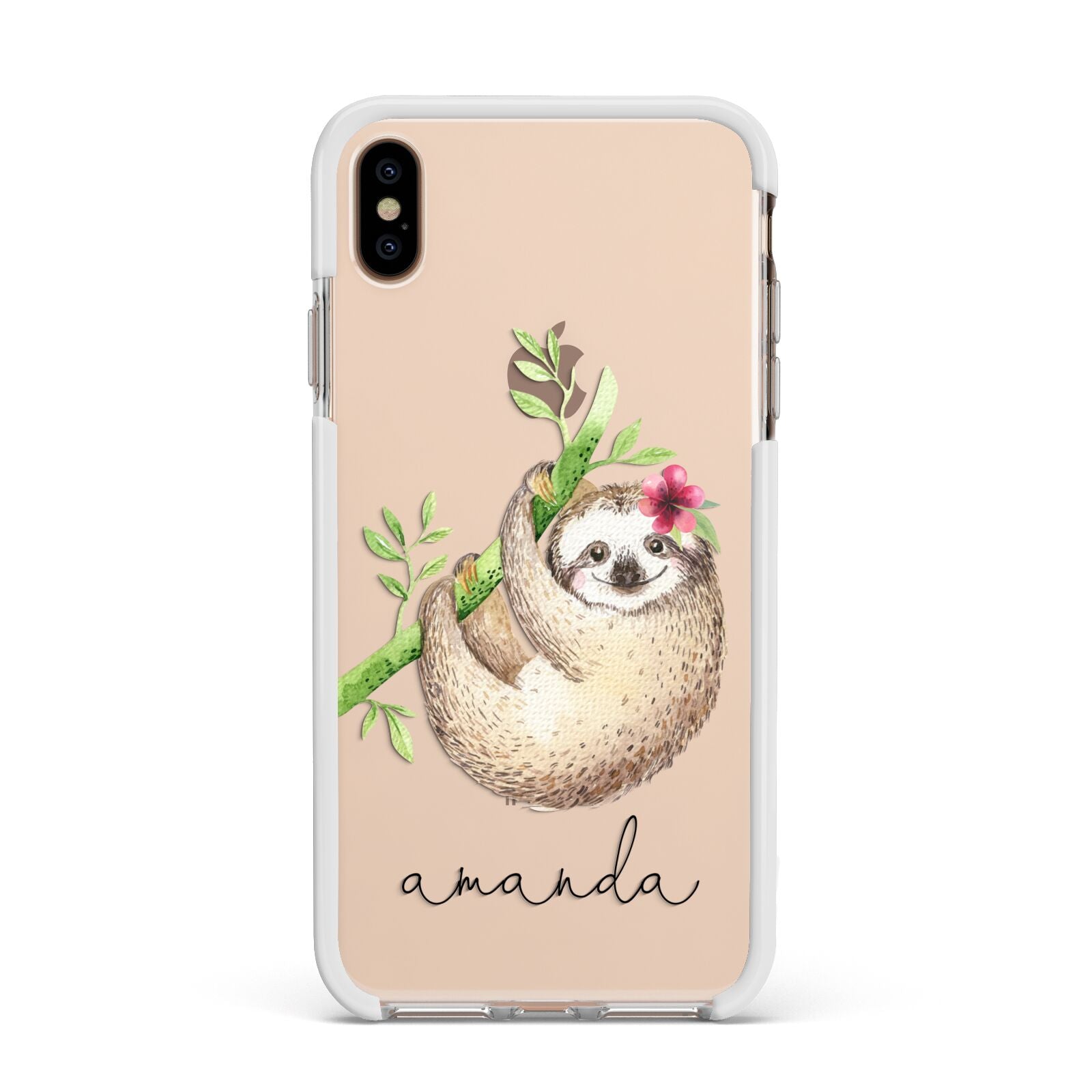 Personalised Sloth Apple iPhone Xs Max Impact Case White Edge on Gold Phone