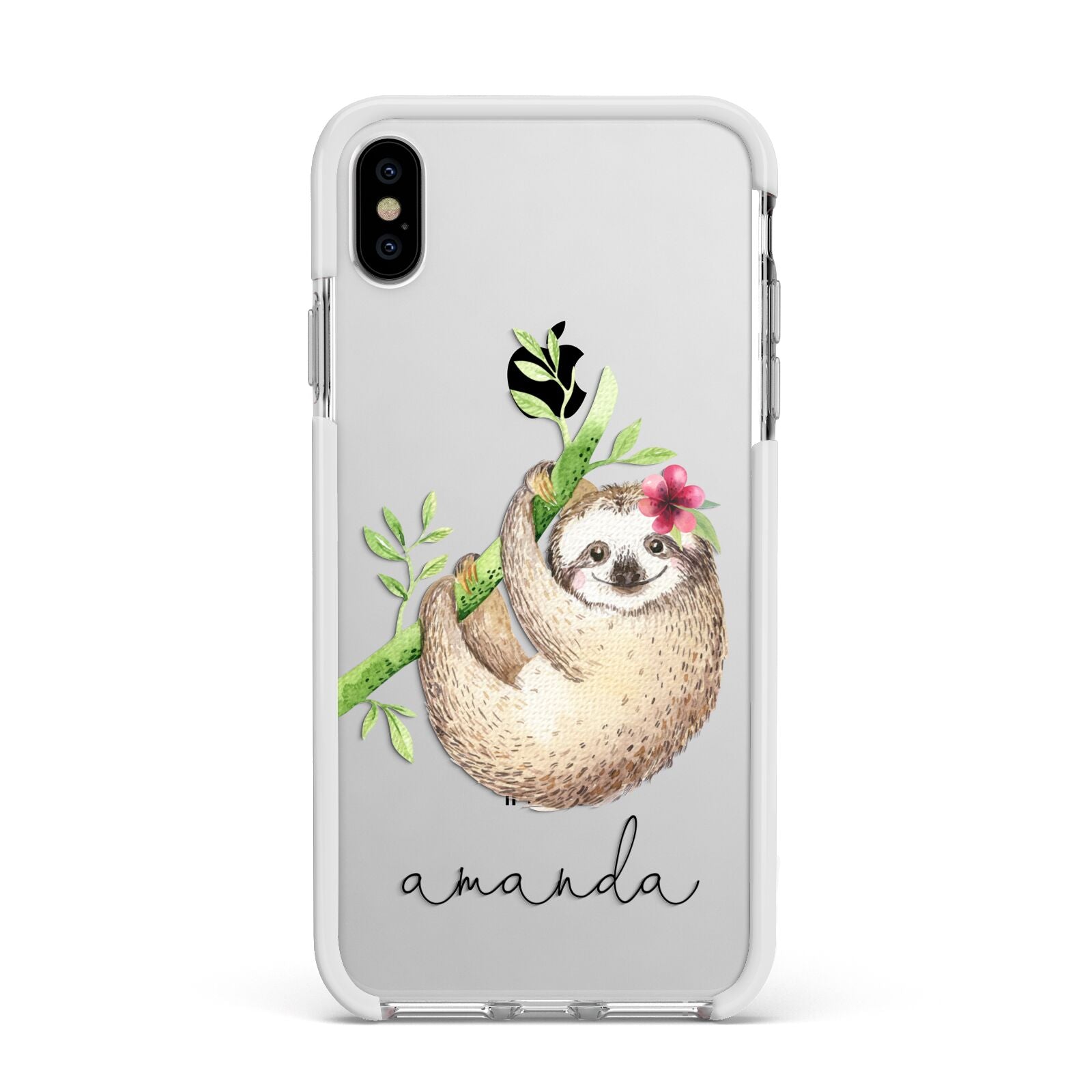 Personalised Sloth Apple iPhone Xs Max Impact Case White Edge on Silver Phone