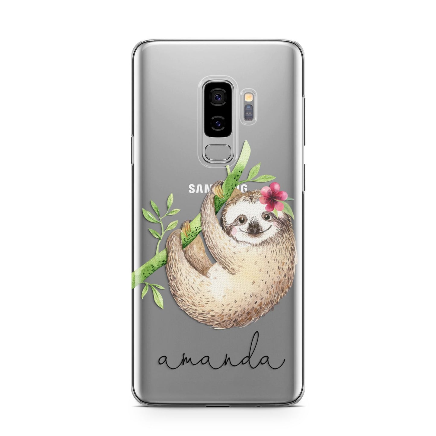 Personalised Sloth Samsung Galaxy S9 Plus Case on Silver phone