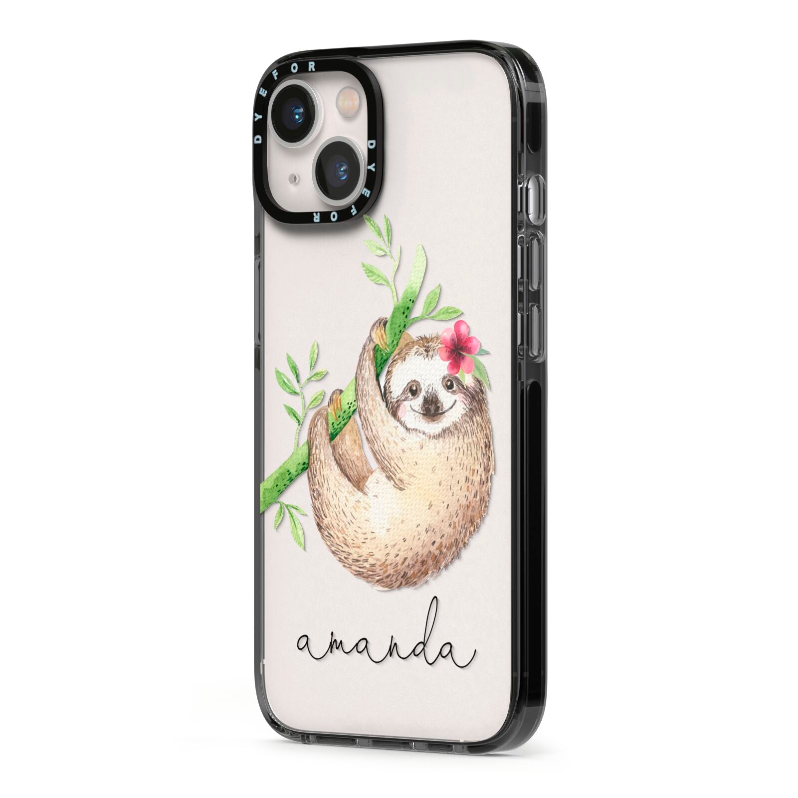 Personalised Sloth iPhone 13 Black Impact Case Side Angle on Silver phone