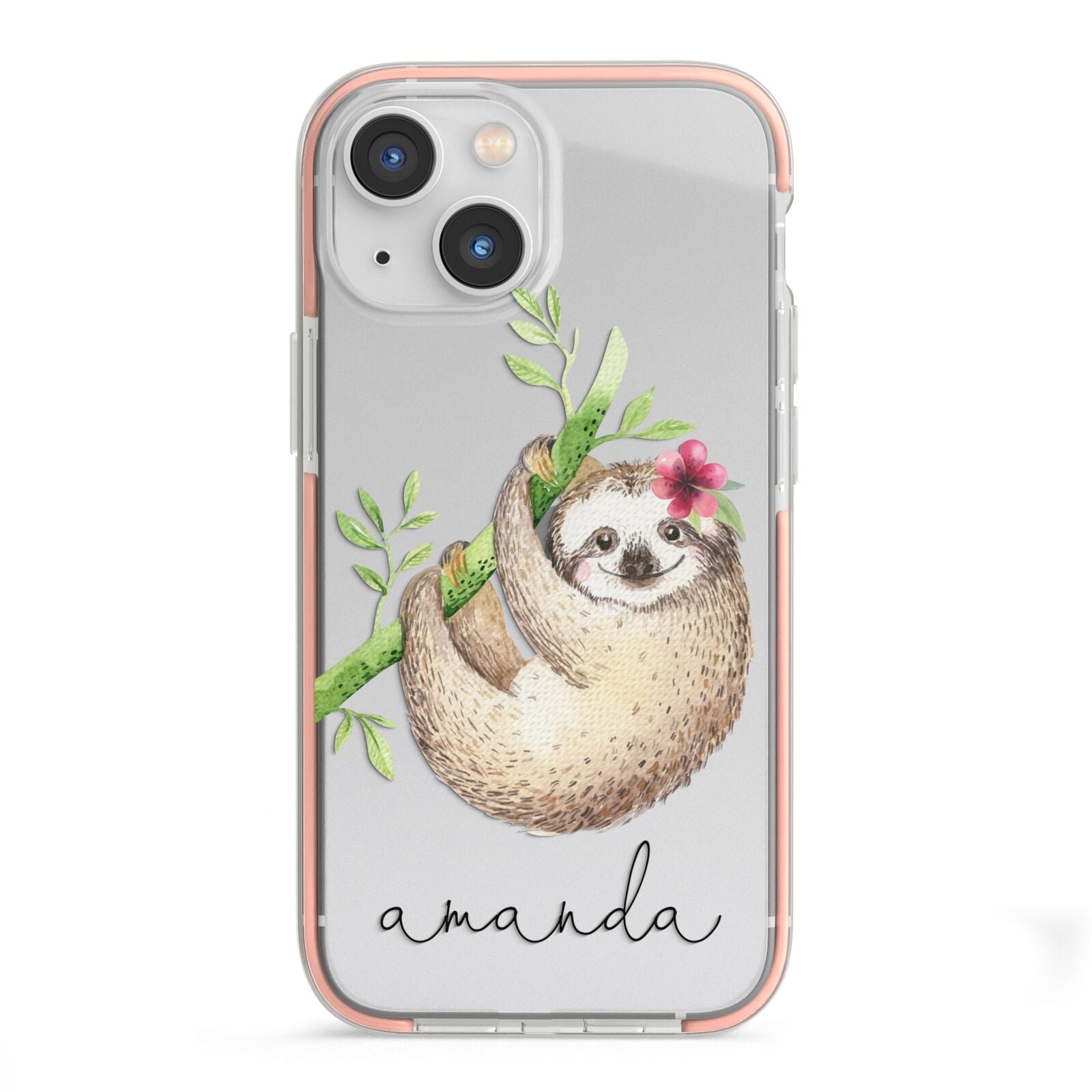Personalised Sloth iPhone 13 Mini TPU Impact Case with Pink Edges