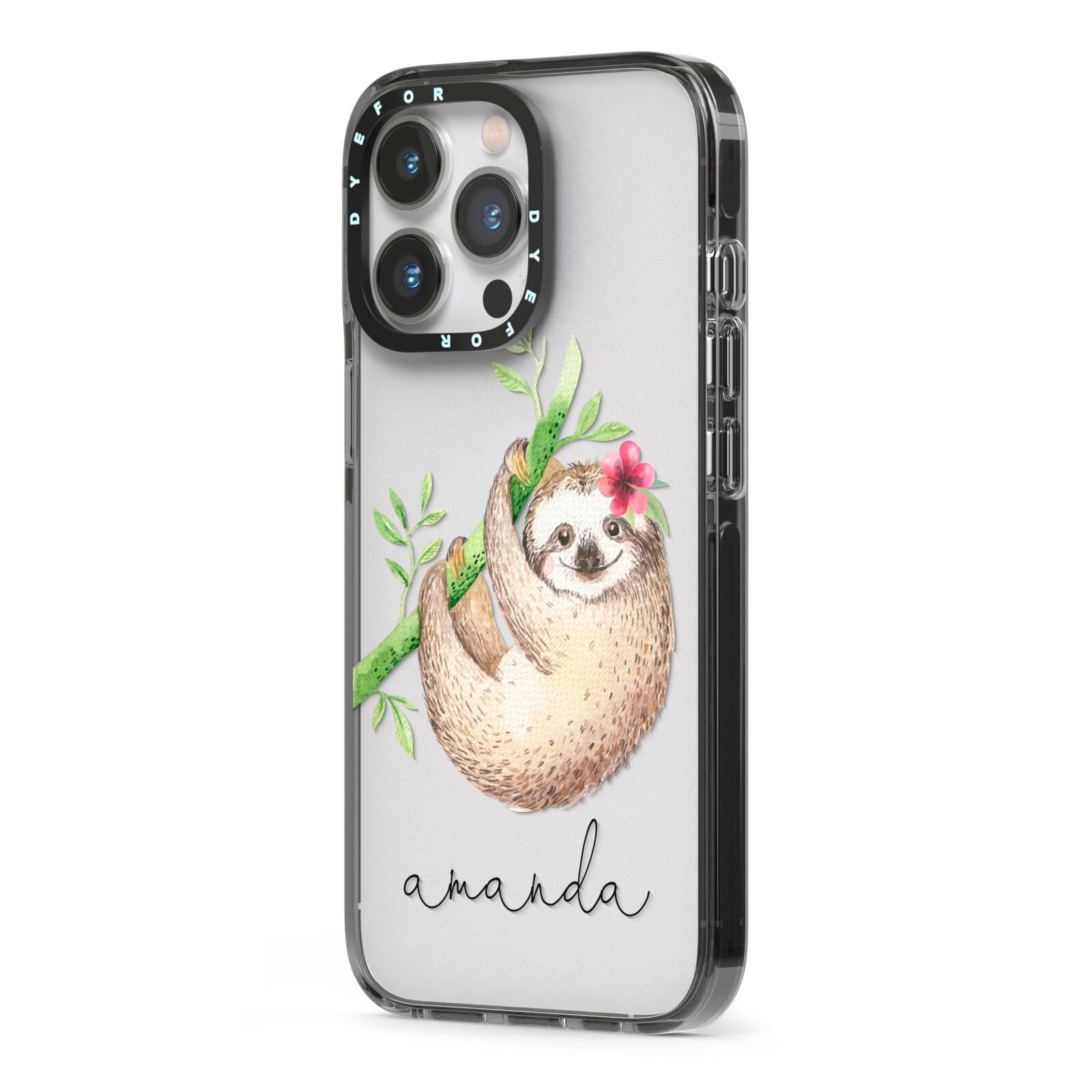 Personalised Sloth iPhone 13 Pro Black Impact Case Side Angle on Silver phone