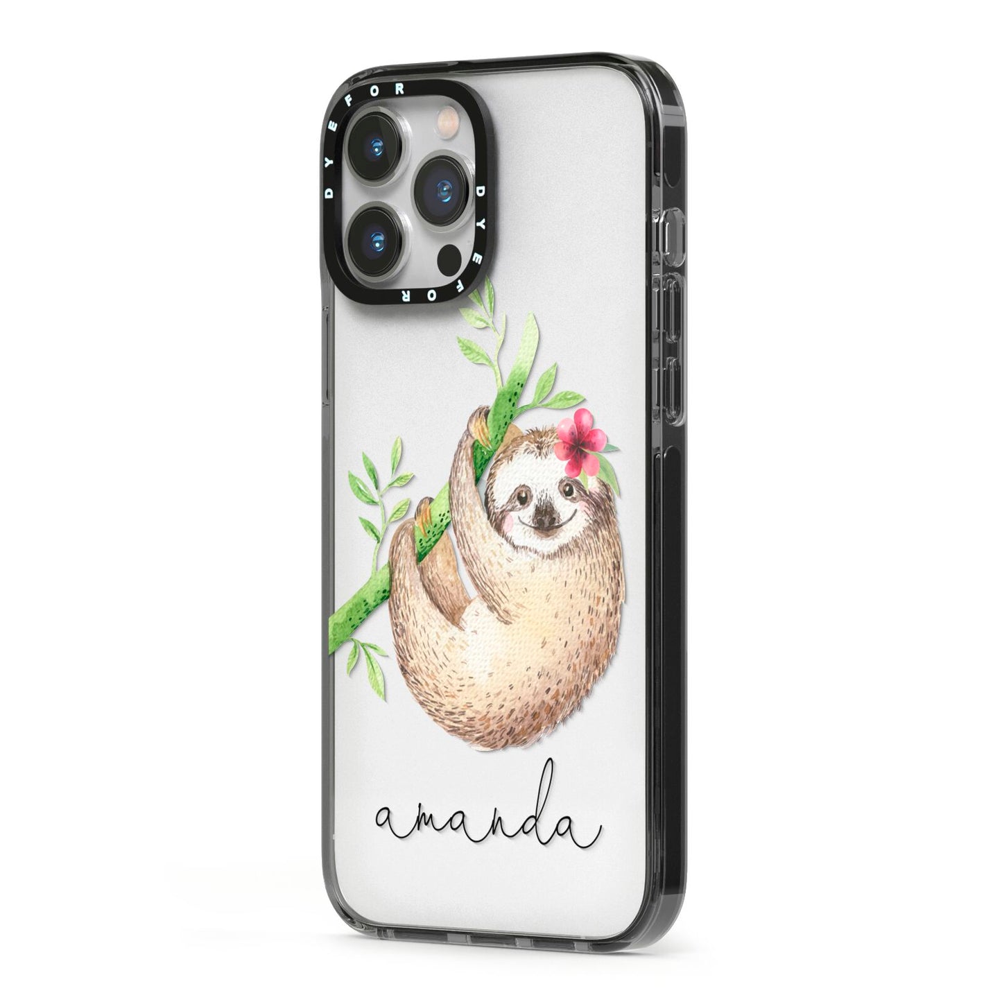 Personalised Sloth iPhone 13 Pro Max Black Impact Case Side Angle on Silver phone