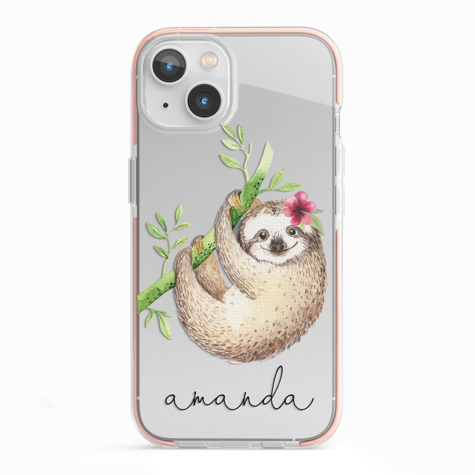 Personalised Sloth iPhone 13 TPU Impact Case with Pink Edges