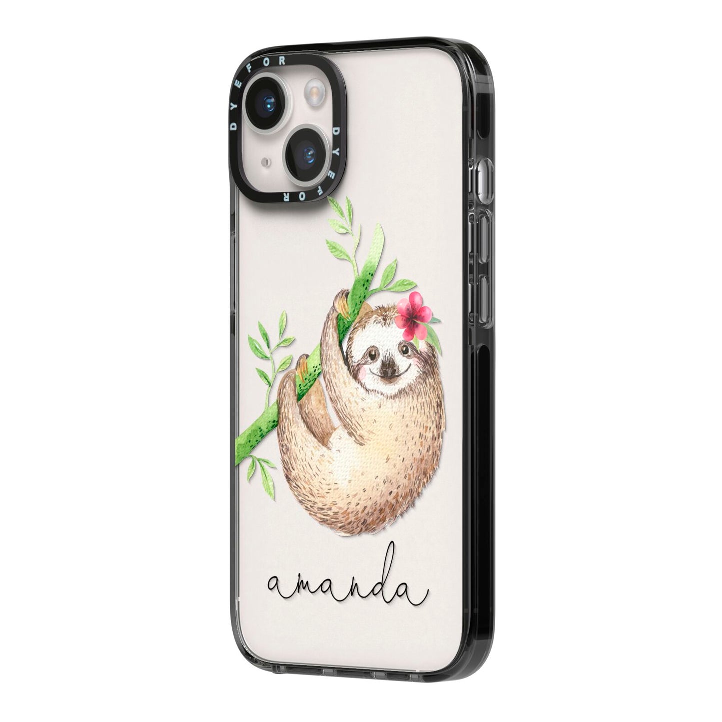 Personalised Sloth iPhone 14 Black Impact Case Side Angle on Silver phone