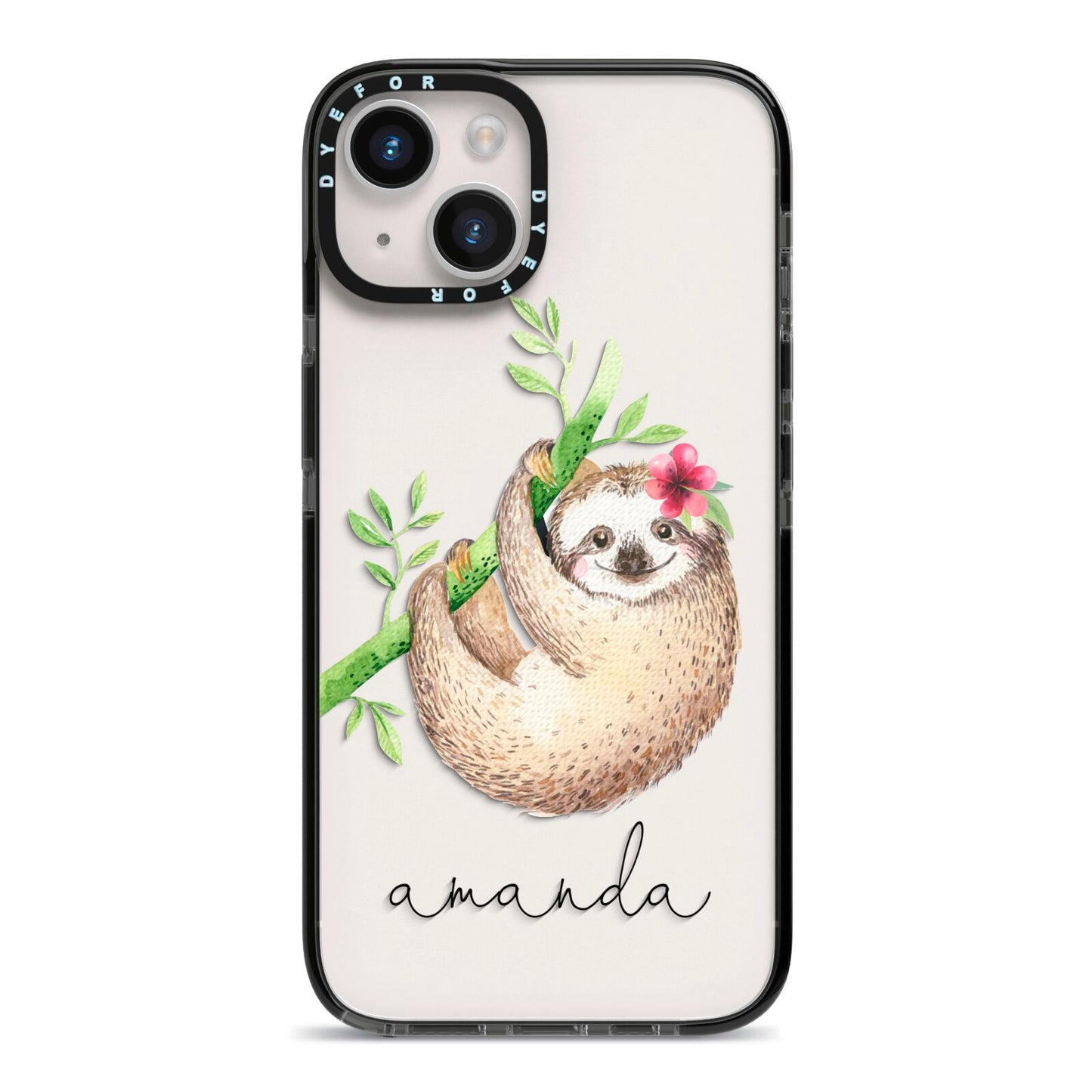 Personalised Sloth iPhone 14 Black Impact Case on Silver phone