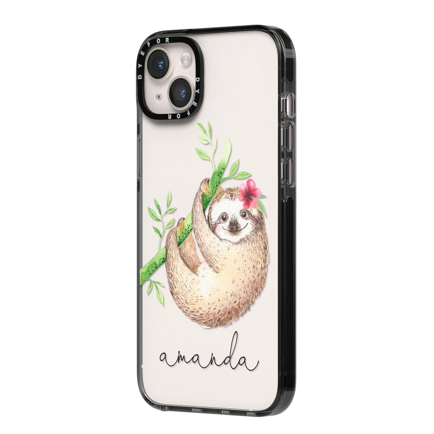 Personalised Sloth iPhone 14 Plus Black Impact Case Side Angle on Silver phone