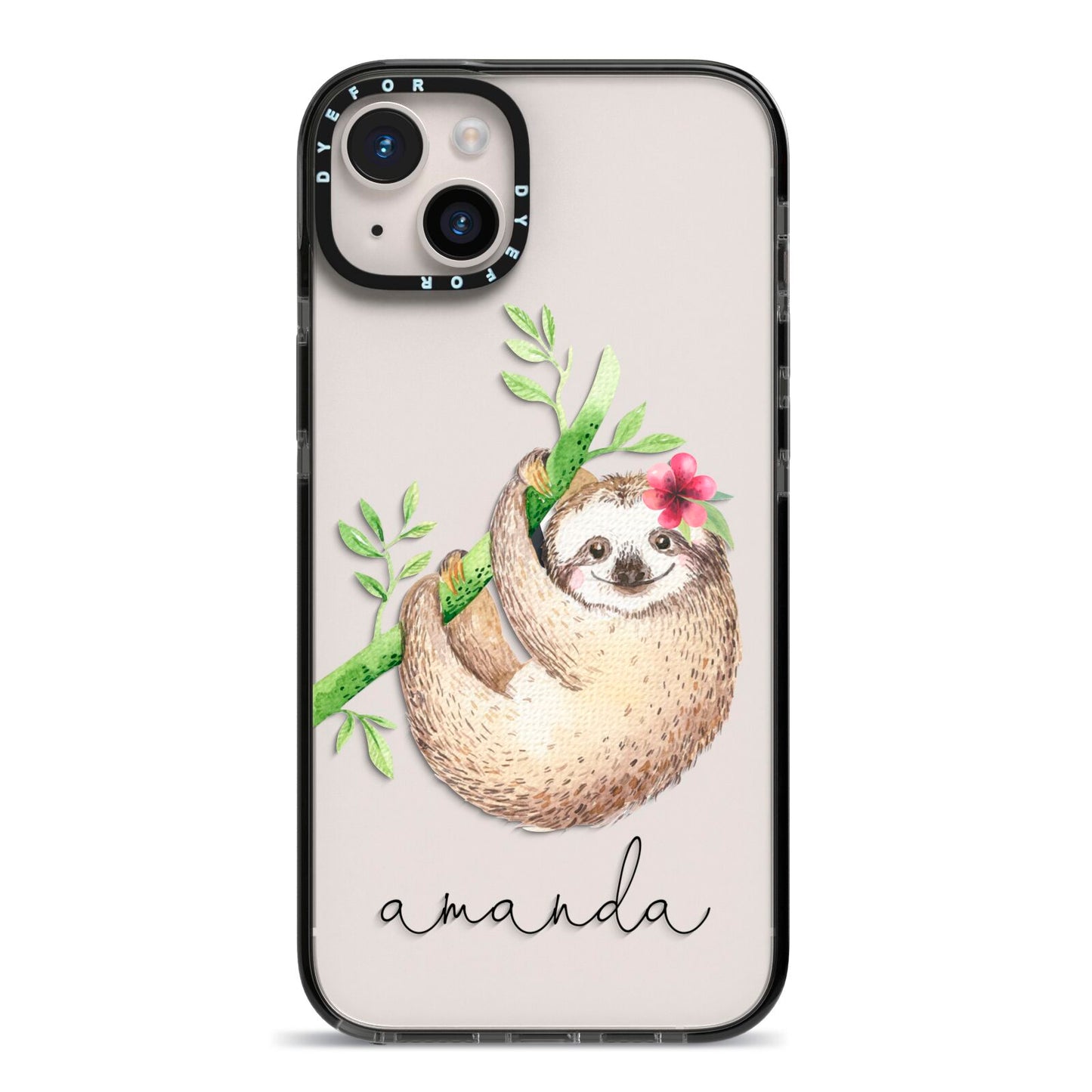 Personalised Sloth iPhone 14 Plus Black Impact Case on Silver phone