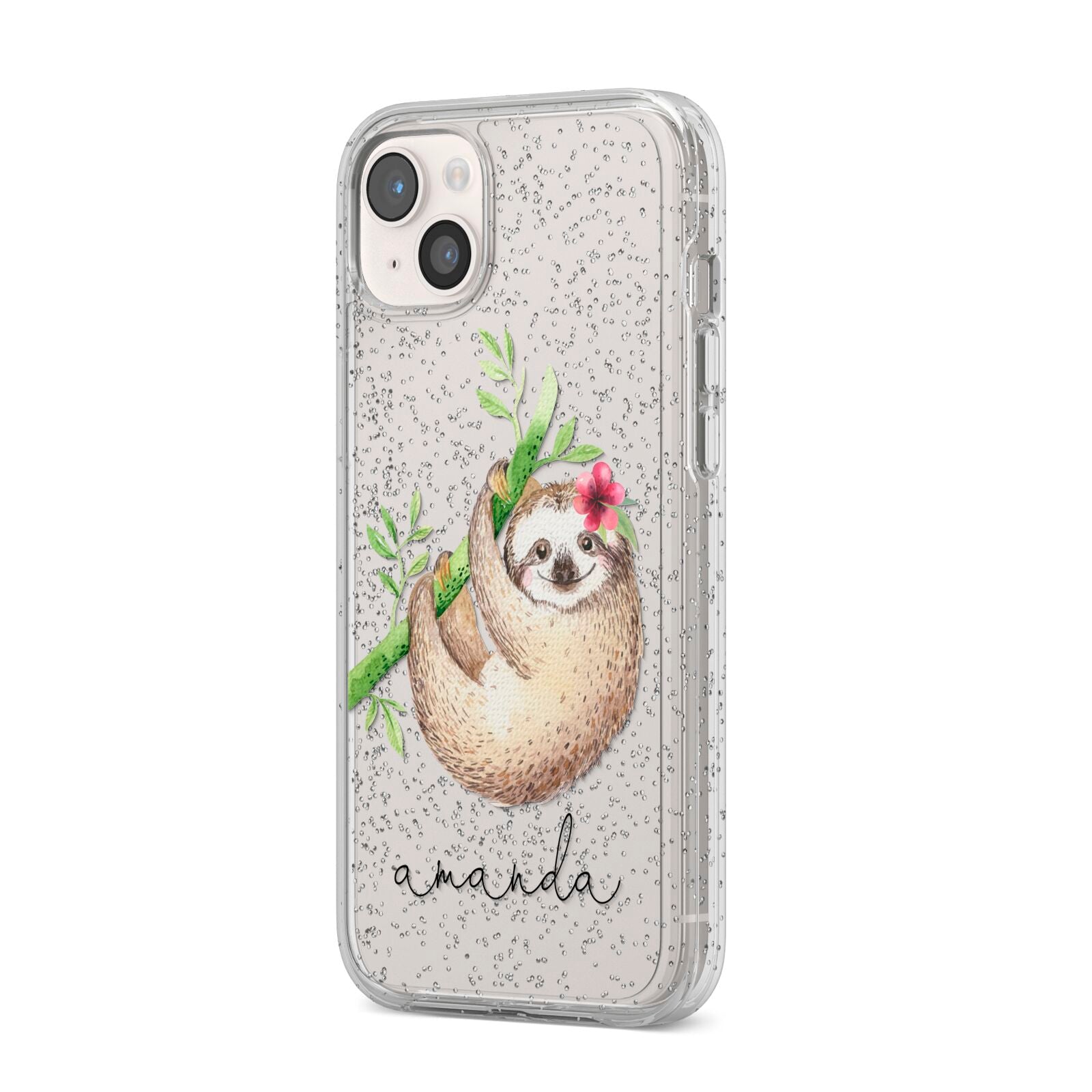 Personalised Sloth iPhone 14 Plus Glitter Tough Case Starlight Angled Image