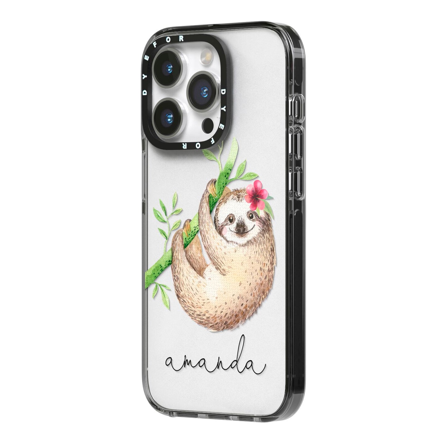 Personalised Sloth iPhone 14 Pro Black Impact Case Side Angle on Silver phone