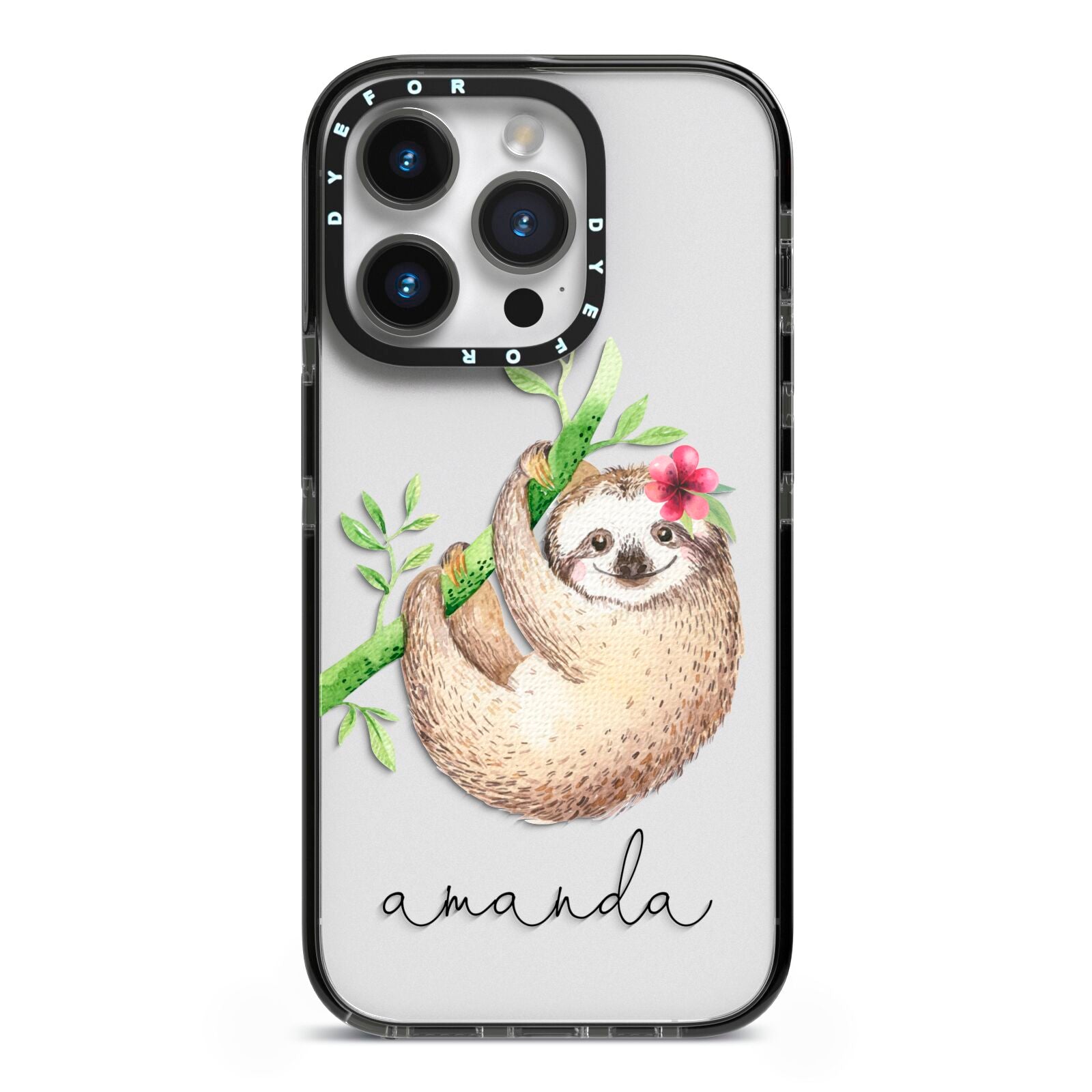 Personalised Sloth iPhone 14 Pro Black Impact Case on Silver phone