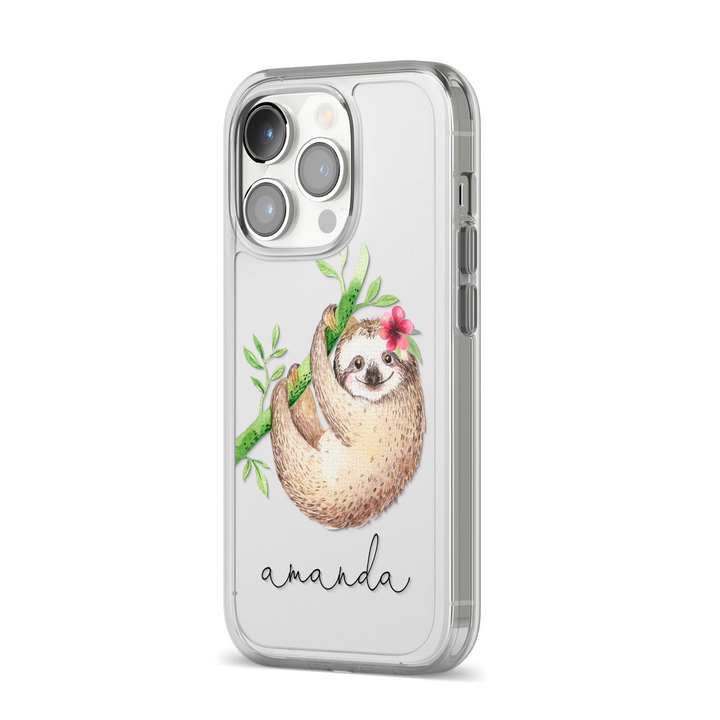 Personalised Sloth iPhone 14 Pro Clear Tough Case Silver Angled Image