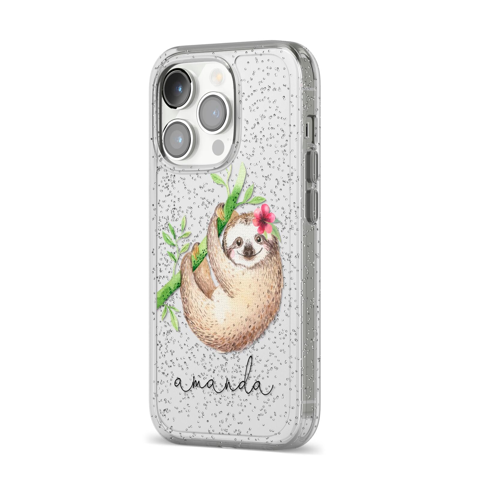 Personalised Sloth iPhone 14 Pro Glitter Tough Case Silver Angled Image