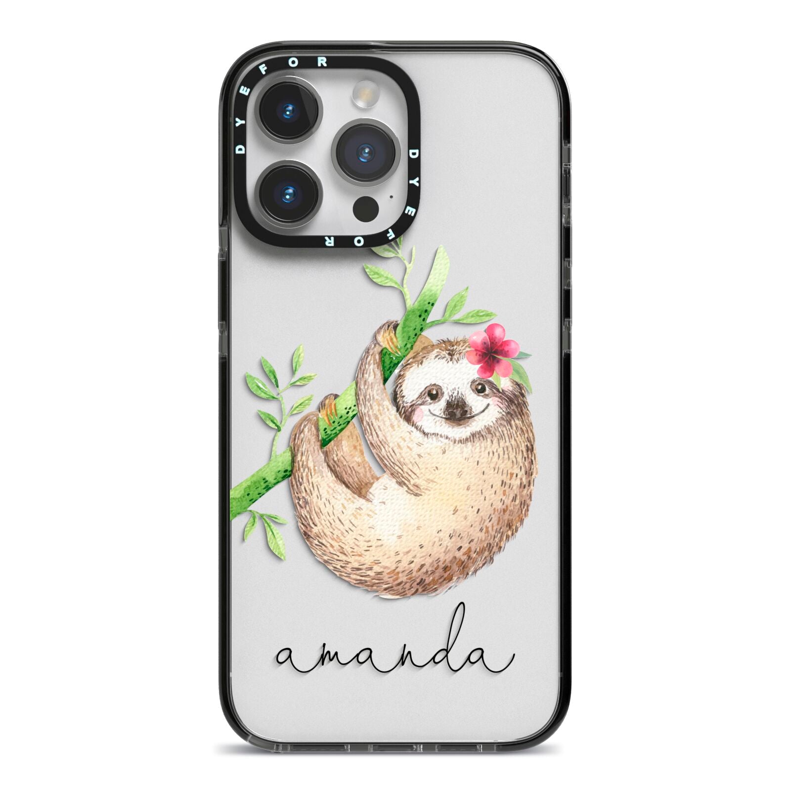 Personalised Sloth iPhone 14 Pro Max Black Impact Case on Silver phone