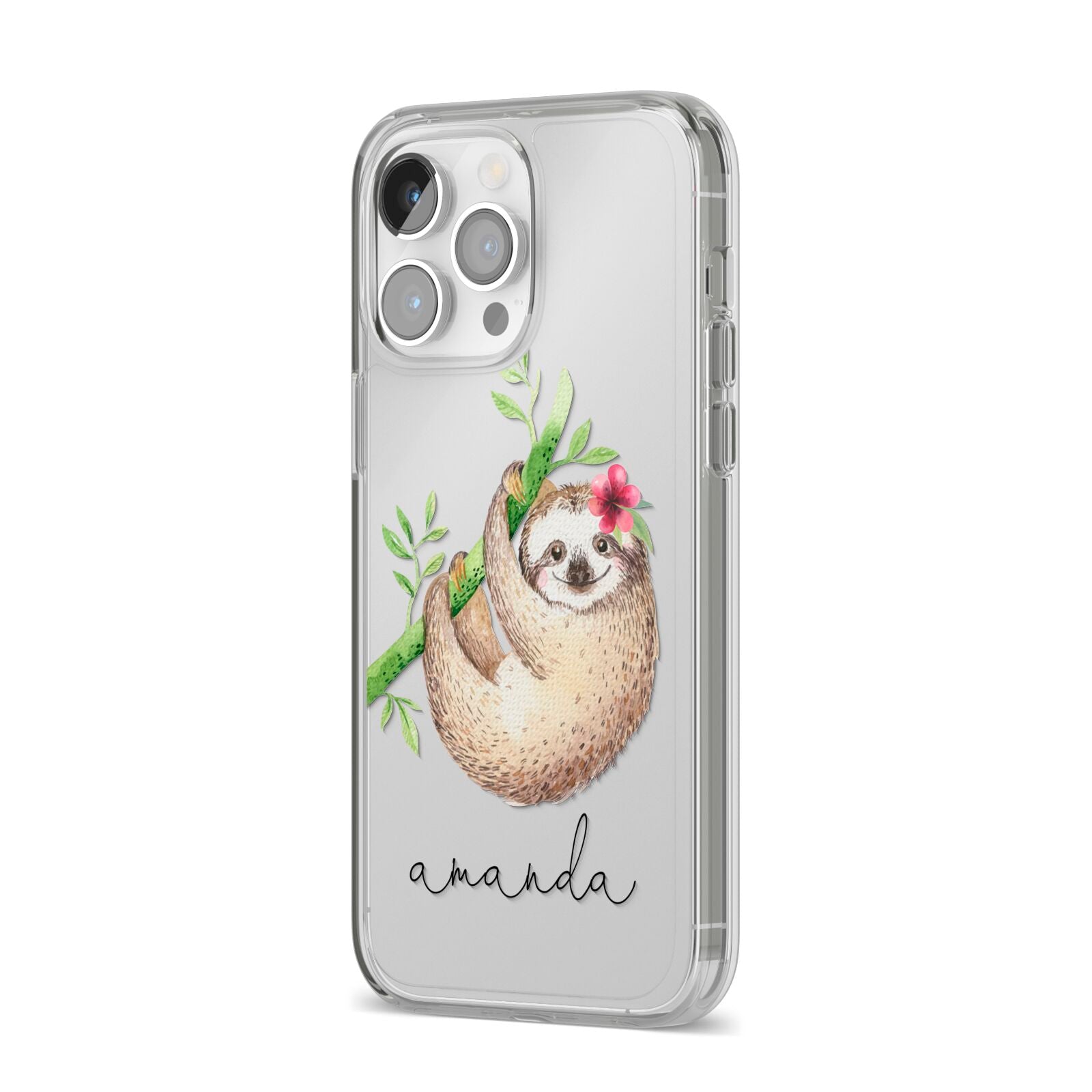 Personalised Sloth iPhone 14 Pro Max Clear Tough Case Silver Angled Image
