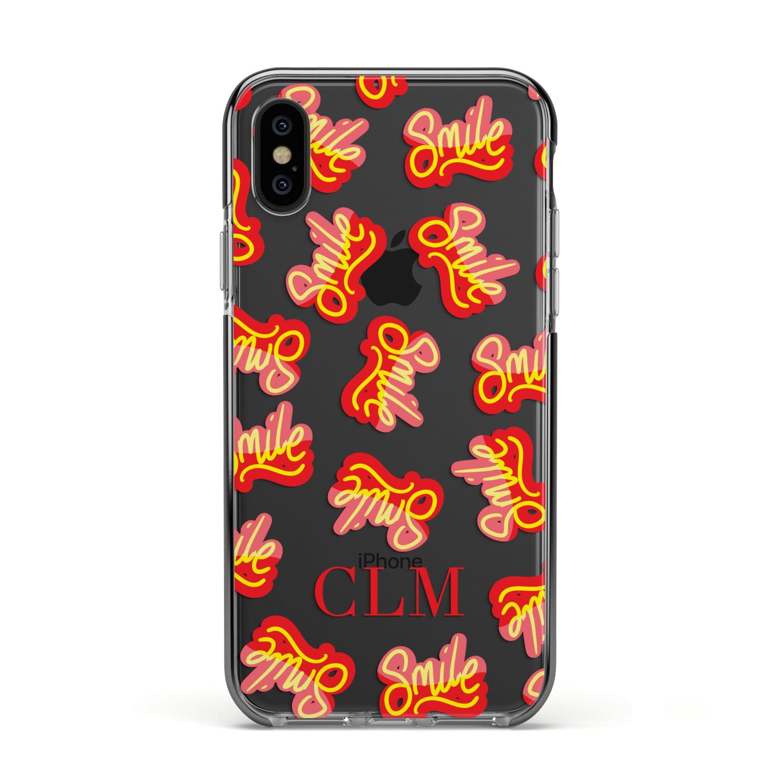 Personalised Smile Initials Clear Apple iPhone Xs Impact Case Black Edge on Black Phone