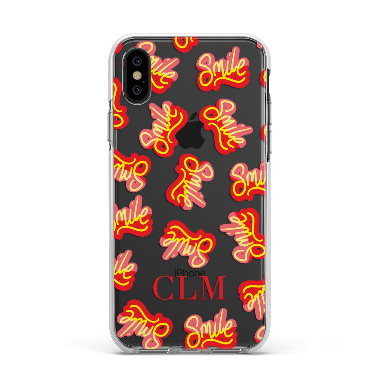 Personalised Smile Initials Clear Apple iPhone Xs Impact Case White Edge on Black Phone